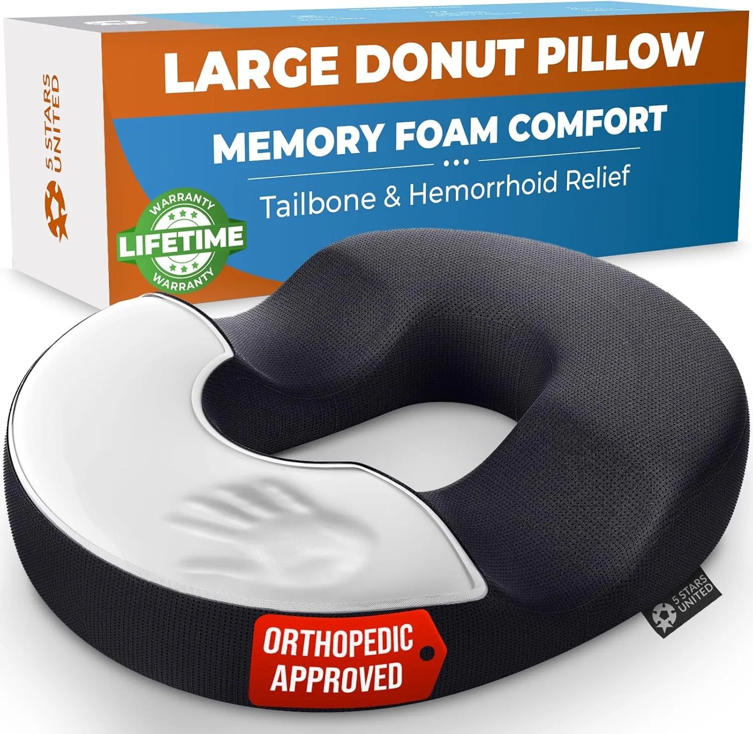 5 STARS UNITED Donut Pillow Hemorrhoid Tailbone Cushion – Large Cushion for Pain Relief – Coccyx, Prostate, Sciatica, Pelvic Floor, Pressure Sores, Pregnancy, Postpartum Recovery, Black