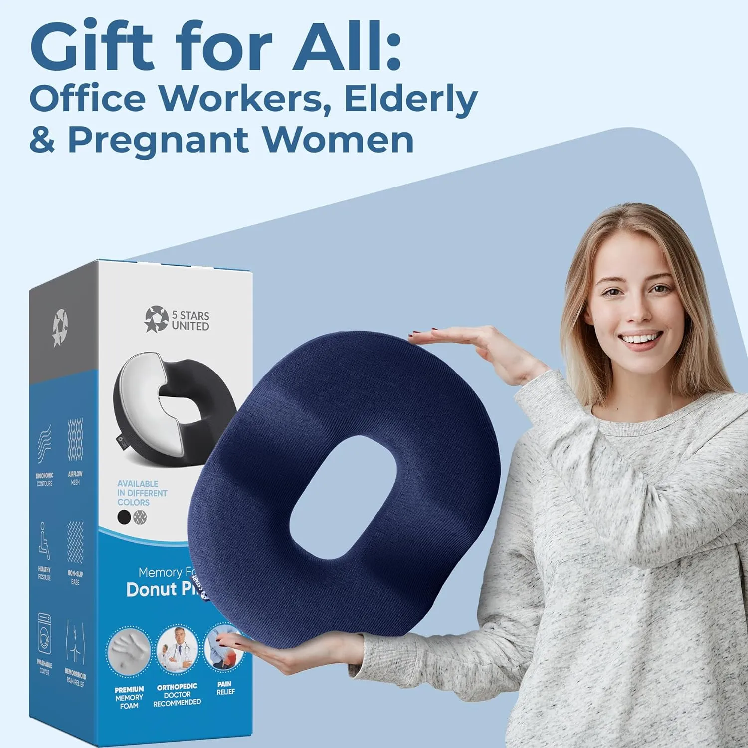 5 STARS UNITED Donut Pillow Hemorrhoid Tailbone Cushion – Large Cushion for Pain Relief – Coccyx, Prostate, Sciatica, Pelvic Floor, Pressure Sores, Pregnancy, Postpartum Recovery, Blue