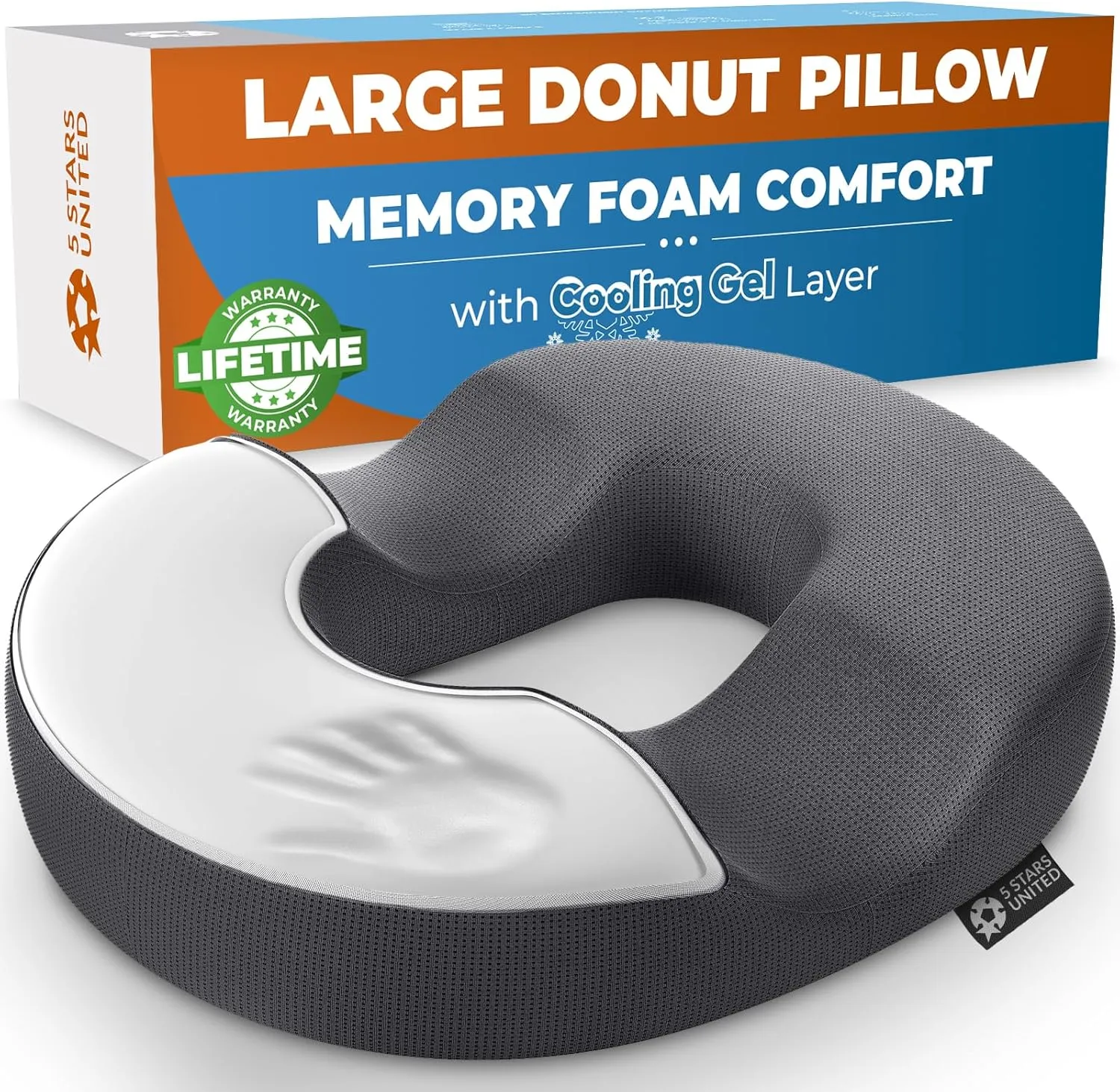 5 STARS UNITED Donut Pillow Hemorrhoid Tailbone Cushion – Large Cushion for Pain Relief – Coccyx, Prostate, Sciatica, Pelvic Floor, Pressure Sores, Pregnancy, Postpartum Recovery, Dark Gray