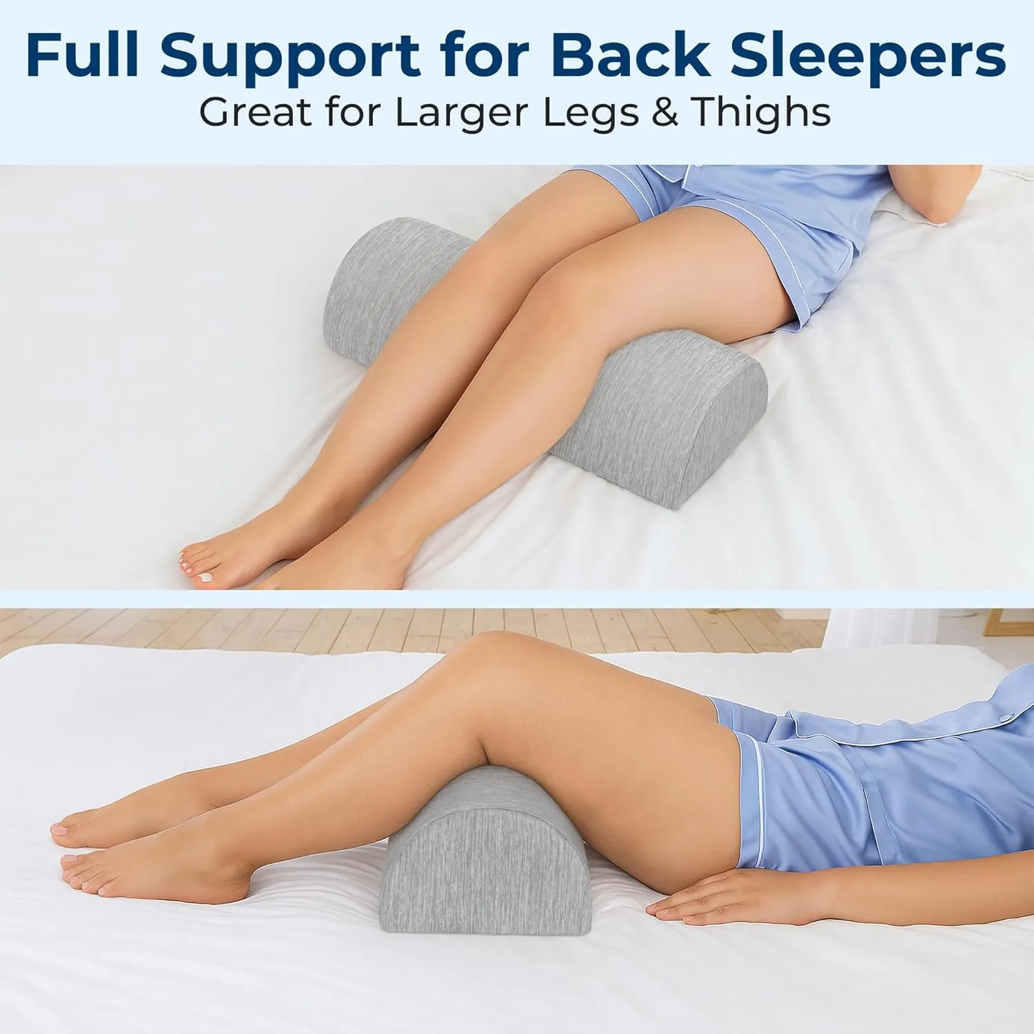 5 STARS UNITED Knee Pillow for Back Sleeping – Cooling Cover - Memory Foam Cushion for Sciatica Pain Relief – Under Leg Support for Sleeping on Back – Large Half Moon Bolster for Bed, Arctic Gray