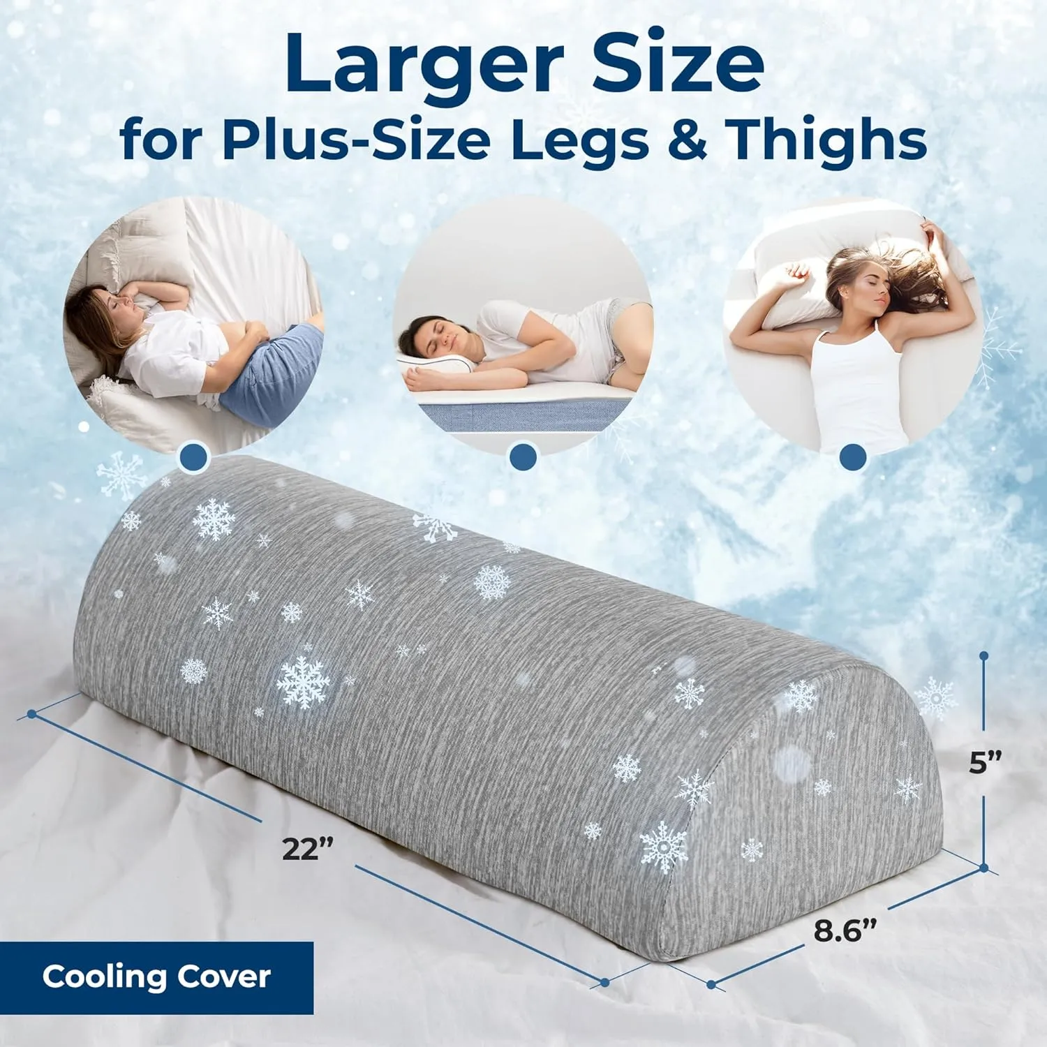 5 STARS UNITED Knee Pillow for Back Sleeping – Cooling Cover - Memory Foam Cushion for Sciatica Pain Relief – Under Leg Support for Sleeping on Back – Large Half Moon Bolster for Bed, Arctic Gray
