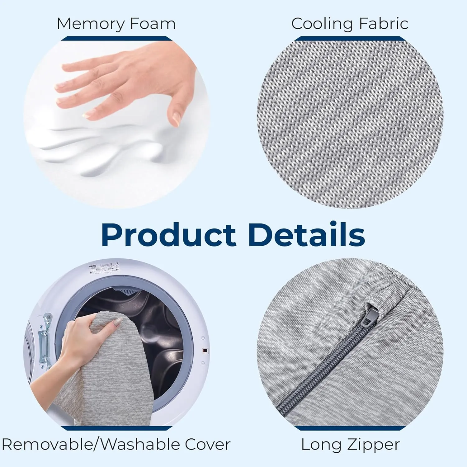 5 STARS UNITED Knee Pillow for Back Sleeping – Cooling Cover - Memory Foam Cushion for Sciatica Pain Relief – Under Leg Support for Sleeping on Back – Large Half Moon Bolster for Bed, Arctic Gray