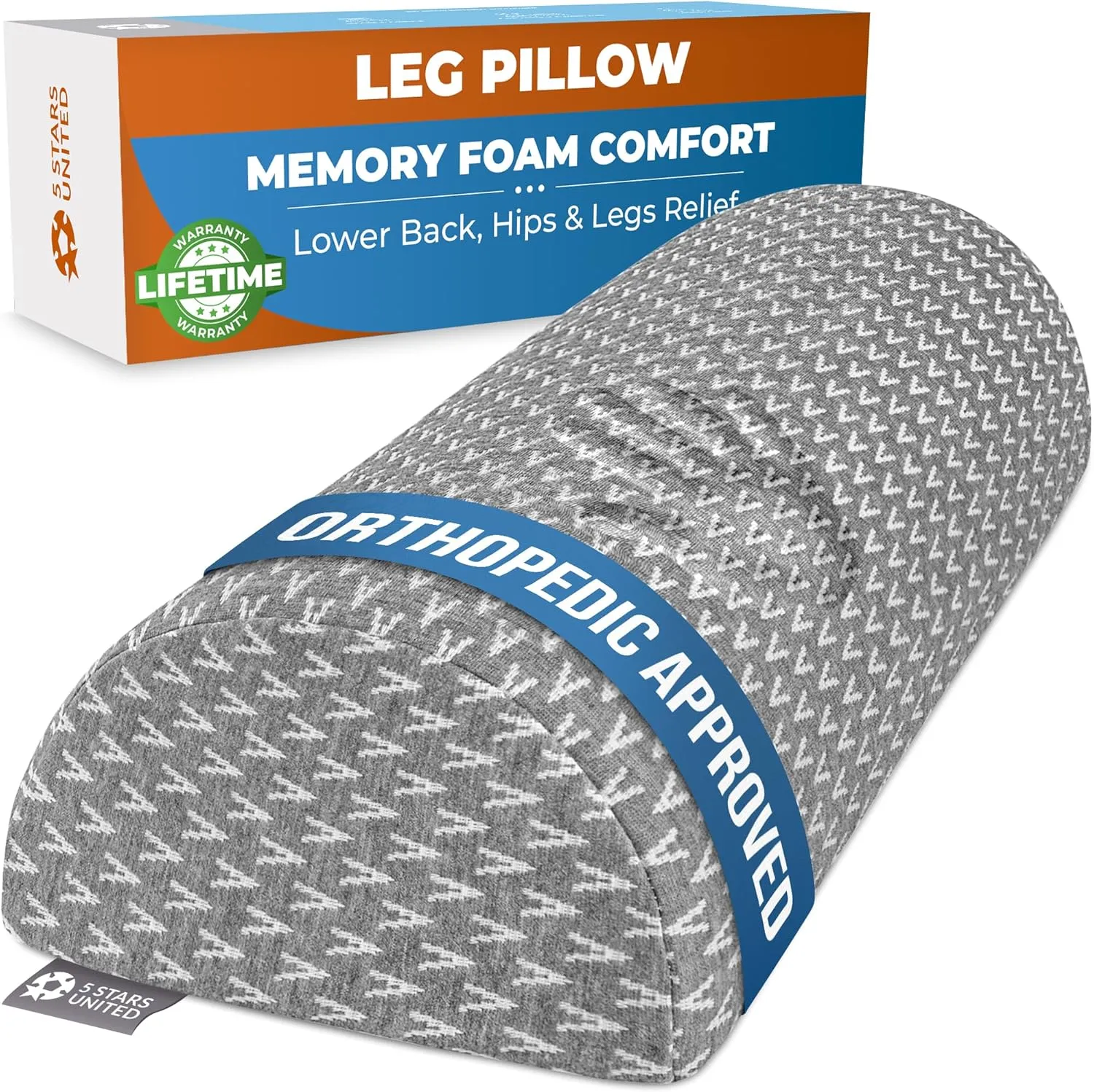 5 STARS UNITED Knee Pillow for Back Sleeping – Memory Foam Cushion for Sciatica Pain Relief – Under Leg Support for Sleeping on Back – Half Moon Bolster for Bed, Gray