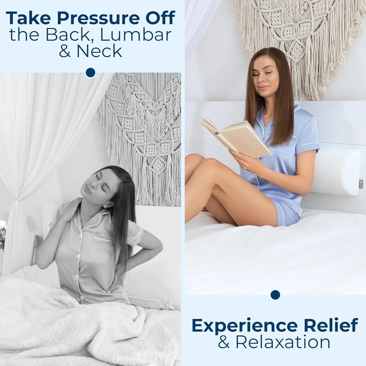 5 STARS UNITED Knee Pillow for Back Sleeping – Memory Foam Cushion for Sciatica Pain Relief – Under Leg Support for Sleeping on Back – Large Half Moon Bolster for Bed, White