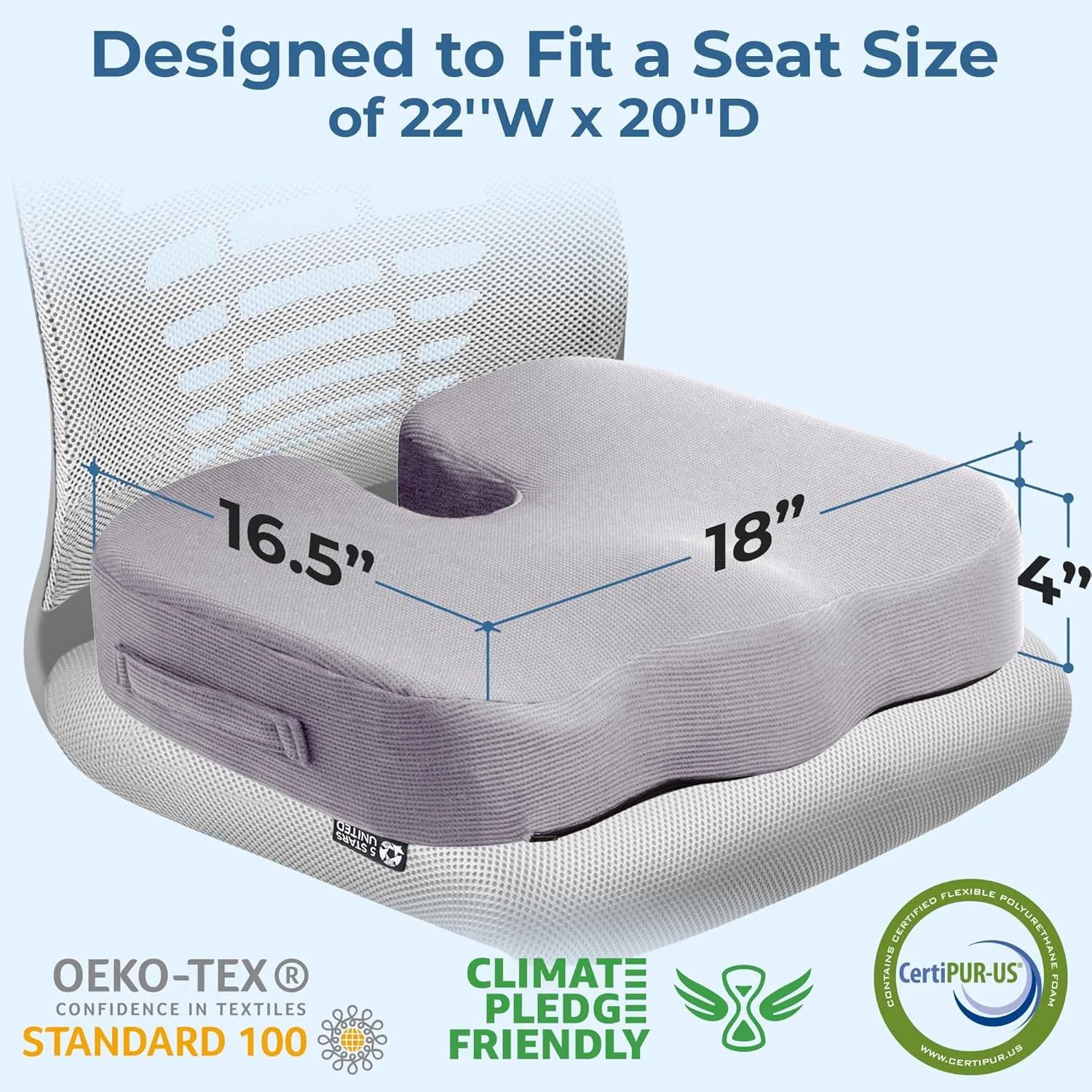 5 STARS UNITED Seat Cushion for Tailbone Pain Relief – Large Memory Foam Lifting Pillow for Coccyx, Hip, Sciatica & Post-Surgery Recovery – Wheelchair, Car, Desk, Gaming & Office Chairs, Light Gray