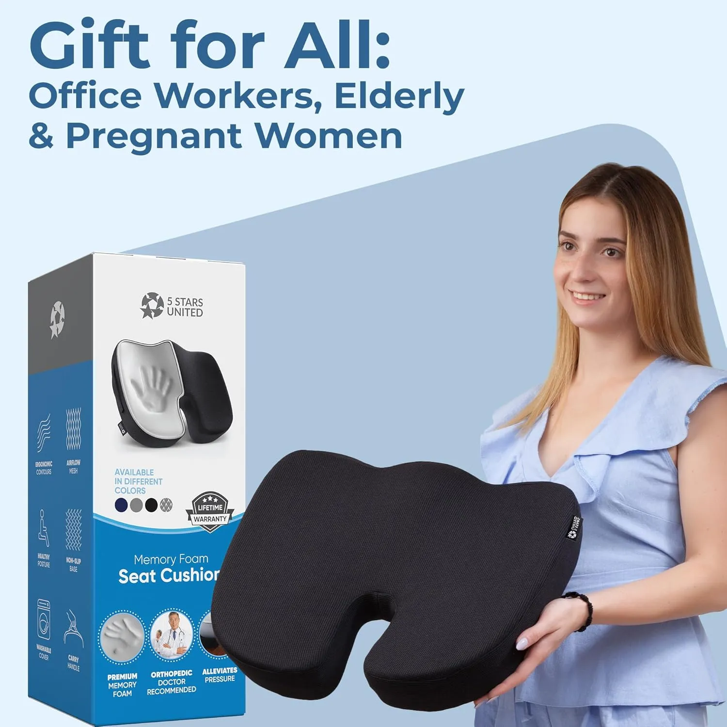 5 STARS UNITED Seat Cushion for Tailbone Pain Relief – Memory Foam Lifting Pillow for Coccyx, Hip, Hemorrhoid, Sciatica & Post-Surgery Recovery – Wheelchair, Car, Desk, Gaming & Office Chairs, Black