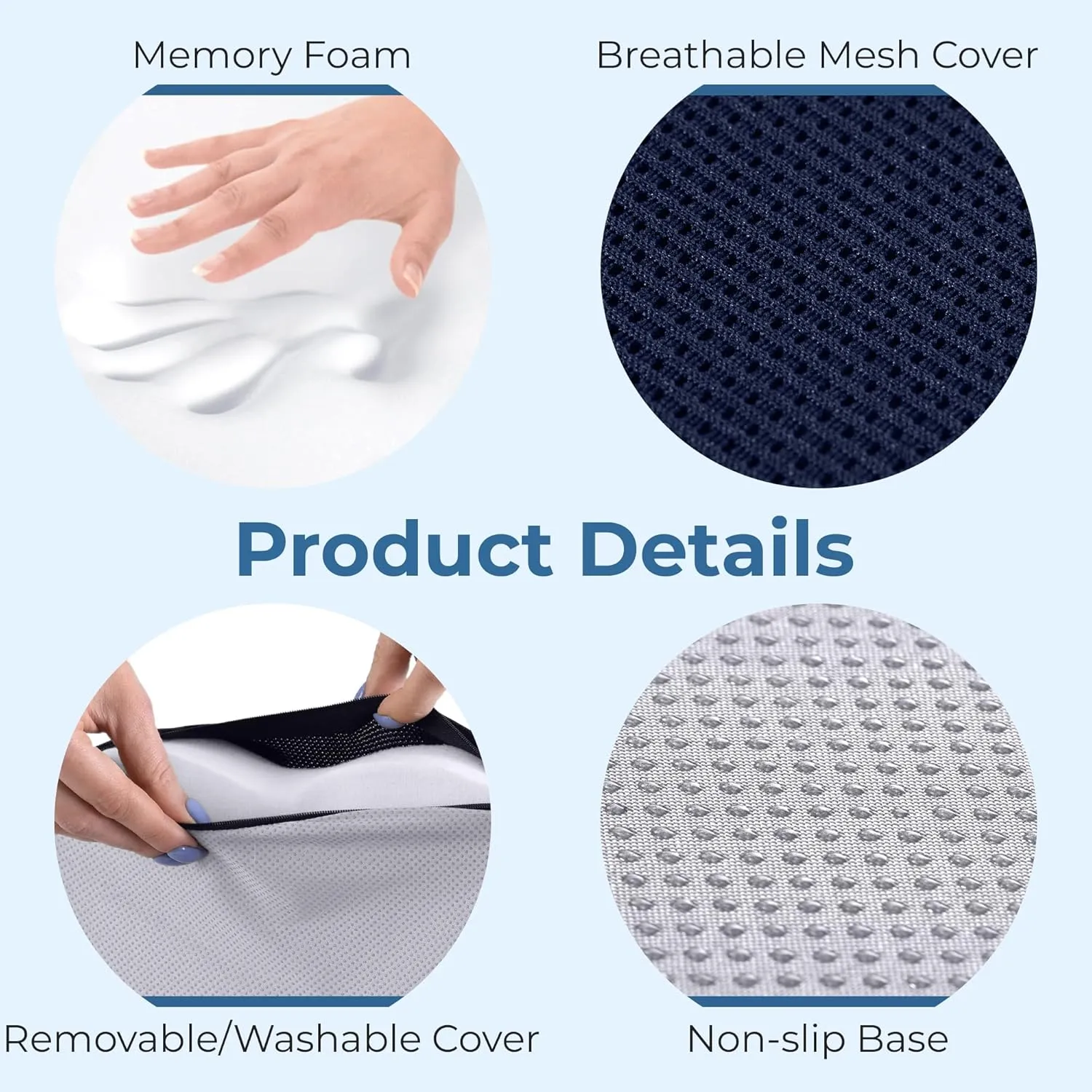 5 STARS UNITED Seat Cushion for Tailbone Pain Relief – Memory Foam Lifting Pillow for Coccyx, Hip, Hemorrhoid, Sciatica & Post-Surgery Recovery – Wheelchair, Car, Desk, Gaming & Office Chairs, D Blue