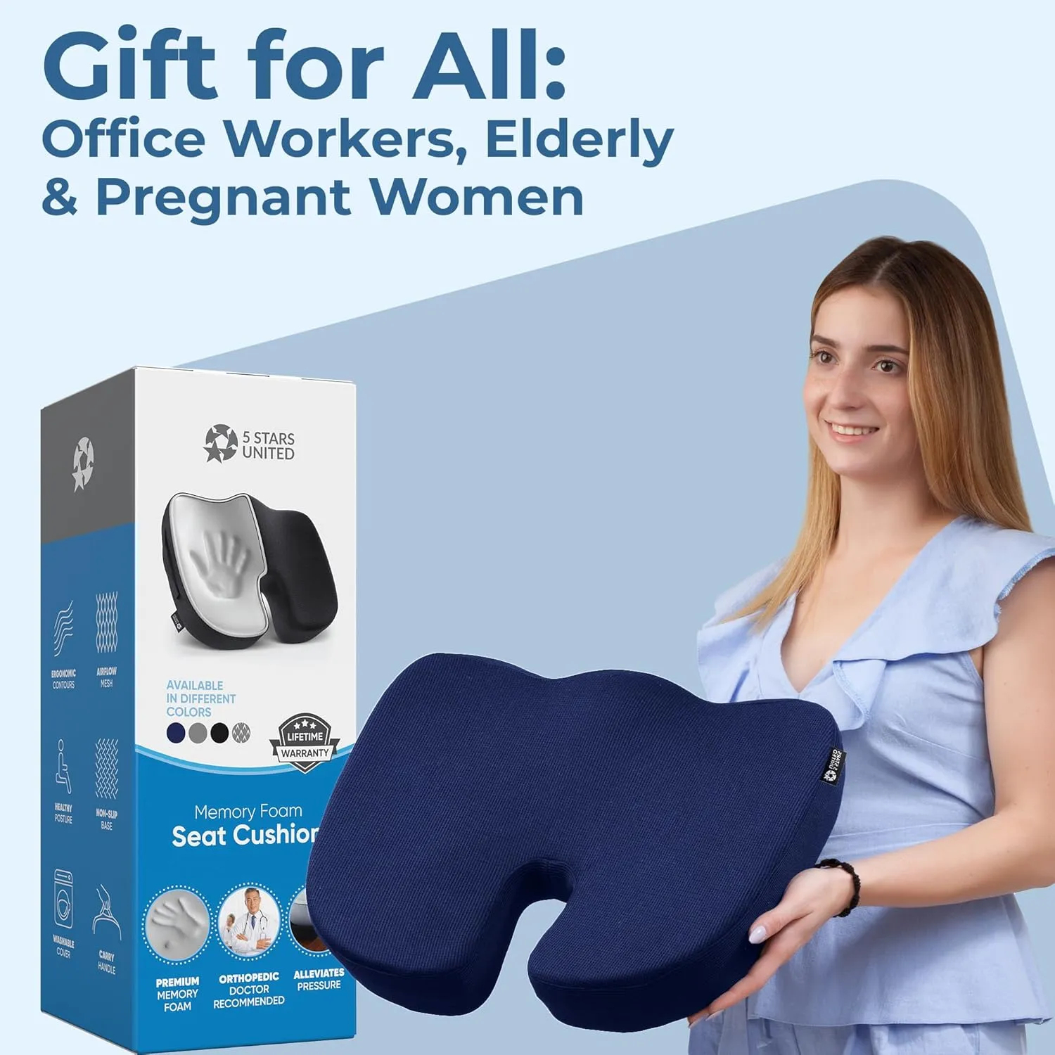 5 STARS UNITED Seat Cushion for Tailbone Pain Relief – Memory Foam Lifting Pillow for Coccyx, Hip, Hemorrhoid, Sciatica & Post-Surgery Recovery – Wheelchair, Car, Desk, Gaming & Office Chairs, D Blue