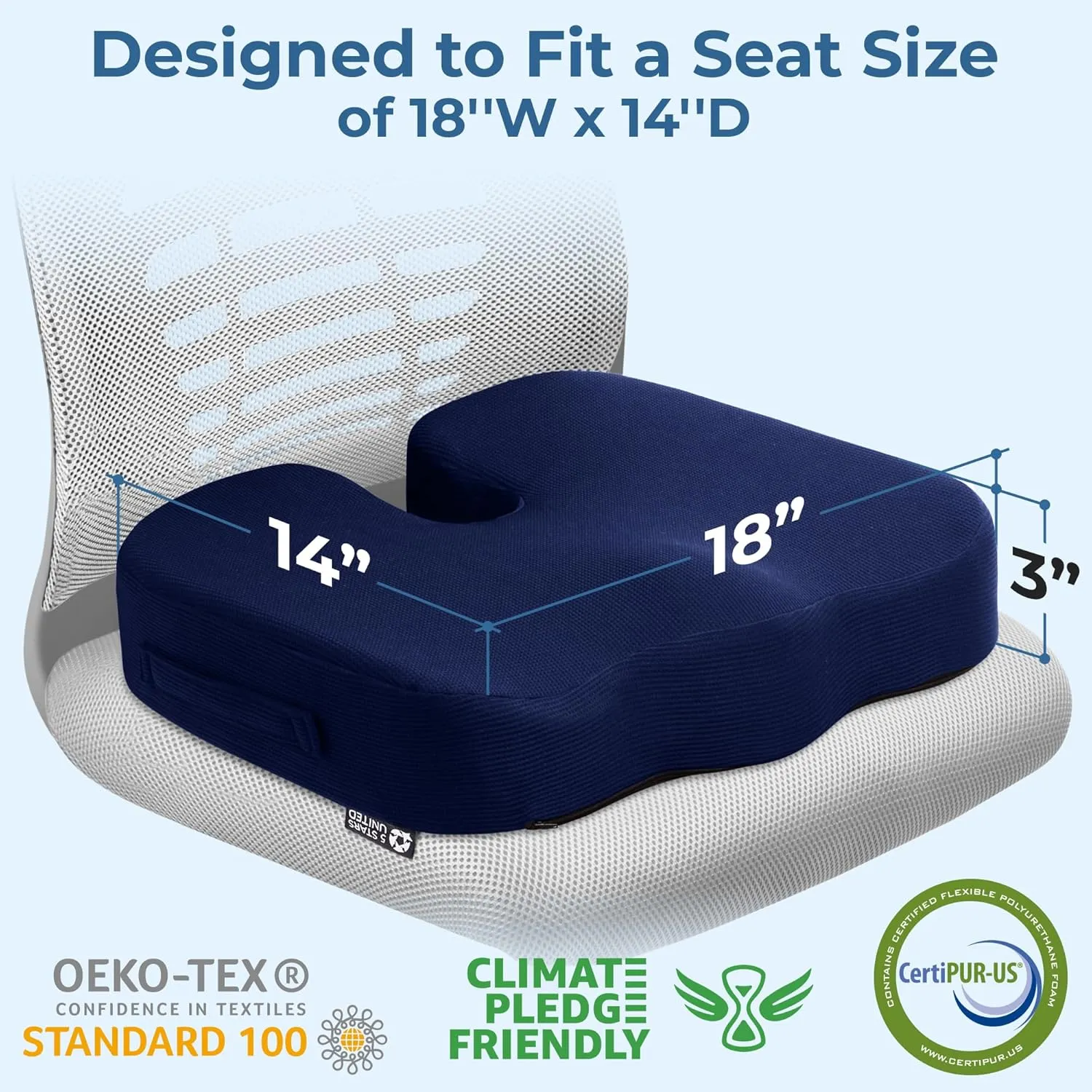 5 STARS UNITED Seat Cushion for Tailbone Pain Relief – Memory Foam Lifting Pillow for Coccyx, Hip, Hemorrhoid, Sciatica & Post-Surgery Recovery – Wheelchair, Car, Desk, Gaming & Office Chairs, D Blue