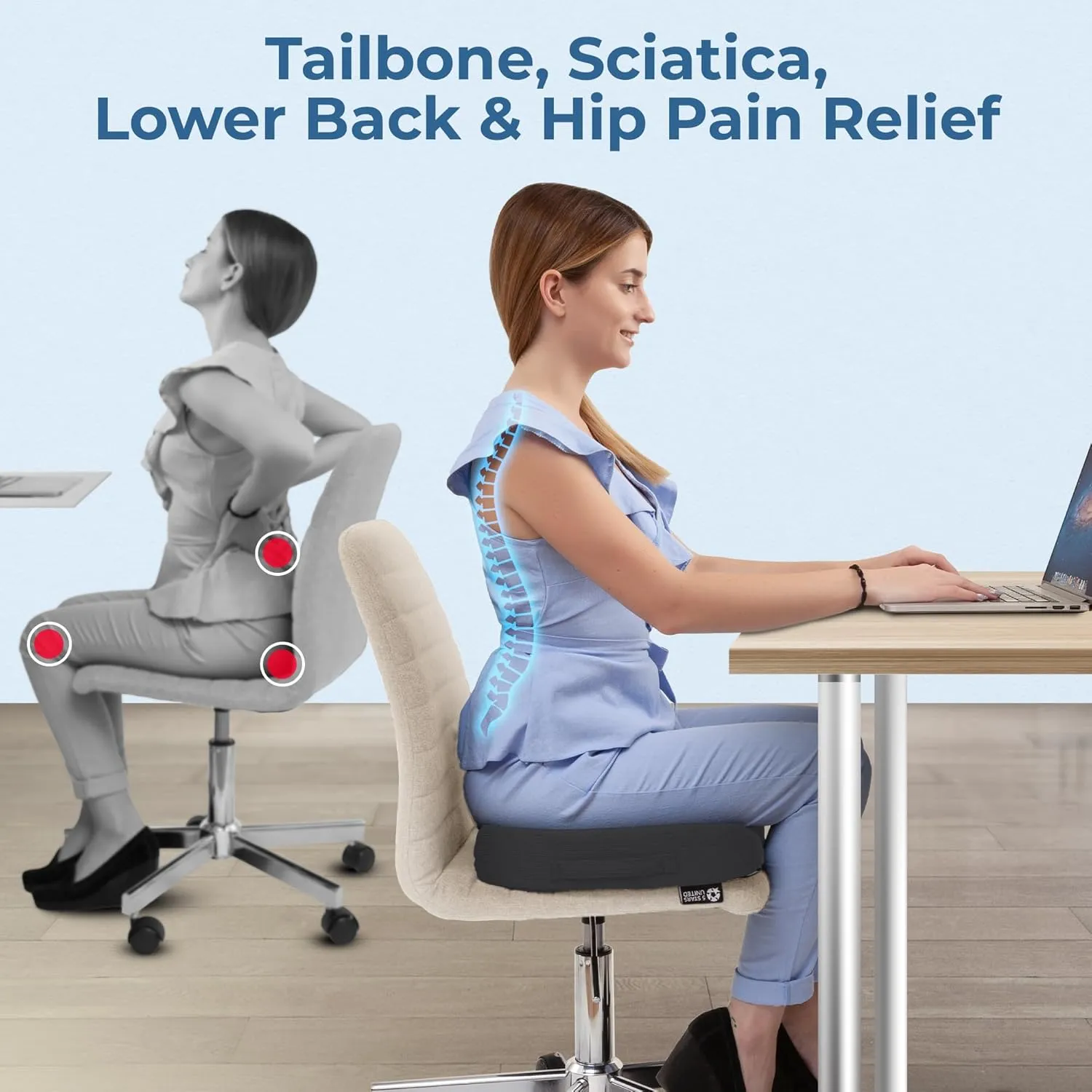 5 STARS UNITED Seat Cushion for Tailbone Pain Relief – Memory Foam Lifting Pillow for Coccyx, Hip, Hemorrhoid, Sciatica & Post-Surgery Recovery – Wheelchair, Car, Desk, Gaming & Office Chairs, D Gray