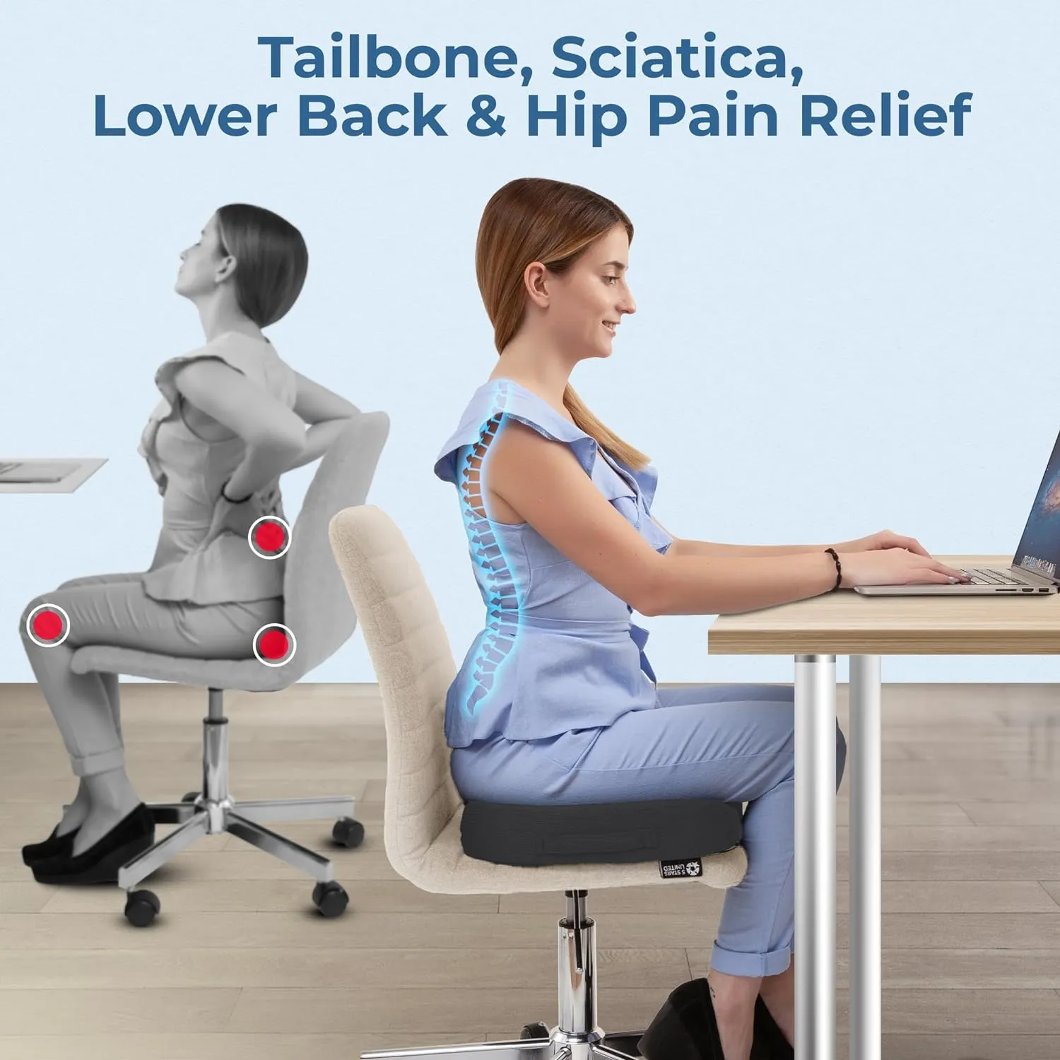 5 STARS UNITED Seat Cushion for Tailbone Pain Relief – Memory Foam Lifting Pillow for Coccyx, Hip, Hemorrhoid, Sciatica & Post-Surgery Recovery – Wheelchair, Car, Desk, Gaming & Office Chairs, D Gray