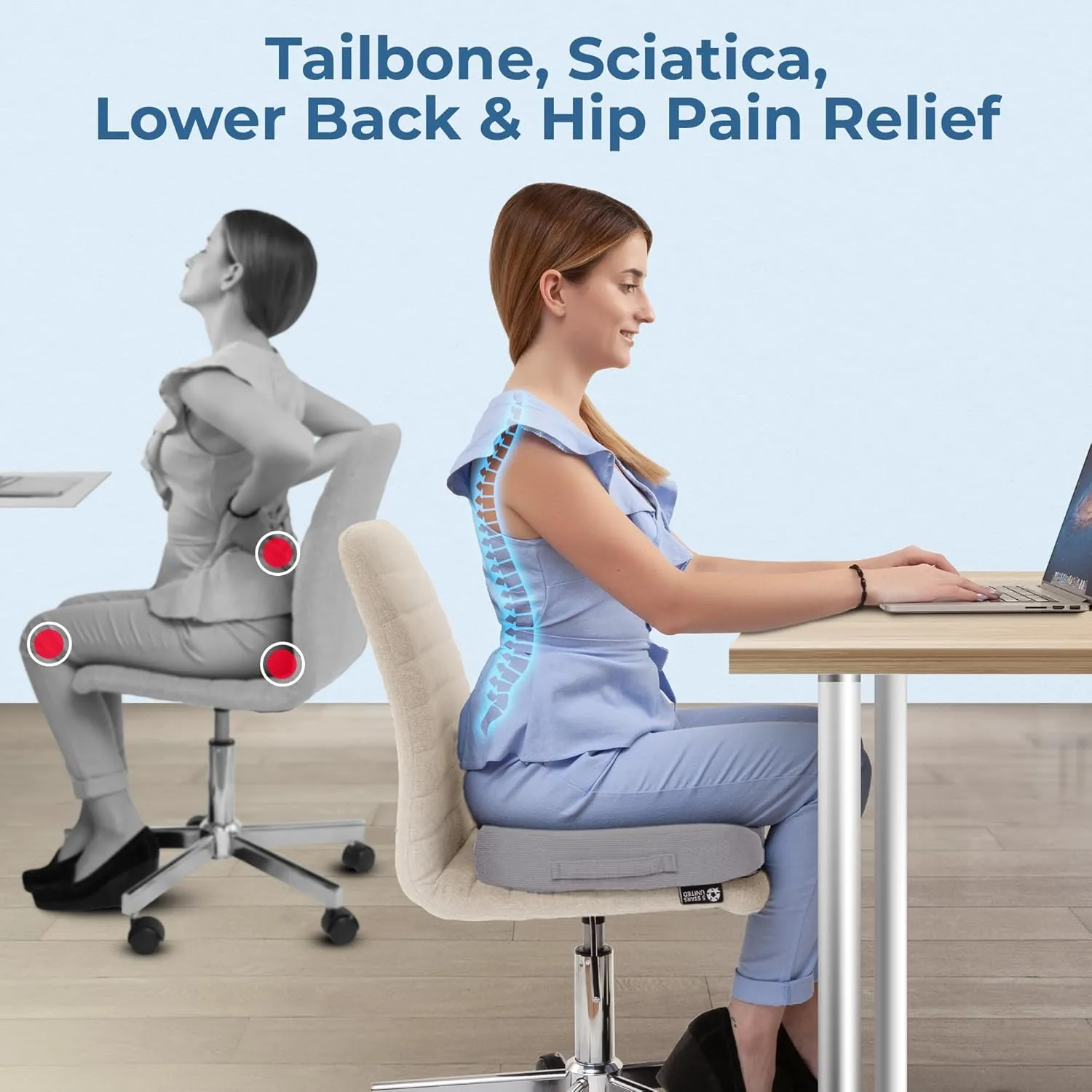 5 STARS UNITED Seat Cushion for Tailbone Pain Relief – Memory Foam Lifting Pillow for Coccyx, Hip, Hemorrhoid, Sciatica & Post-Surgery Recovery – Wheelchair, Car, Desk, Gaming & Office Chairs, L Gray