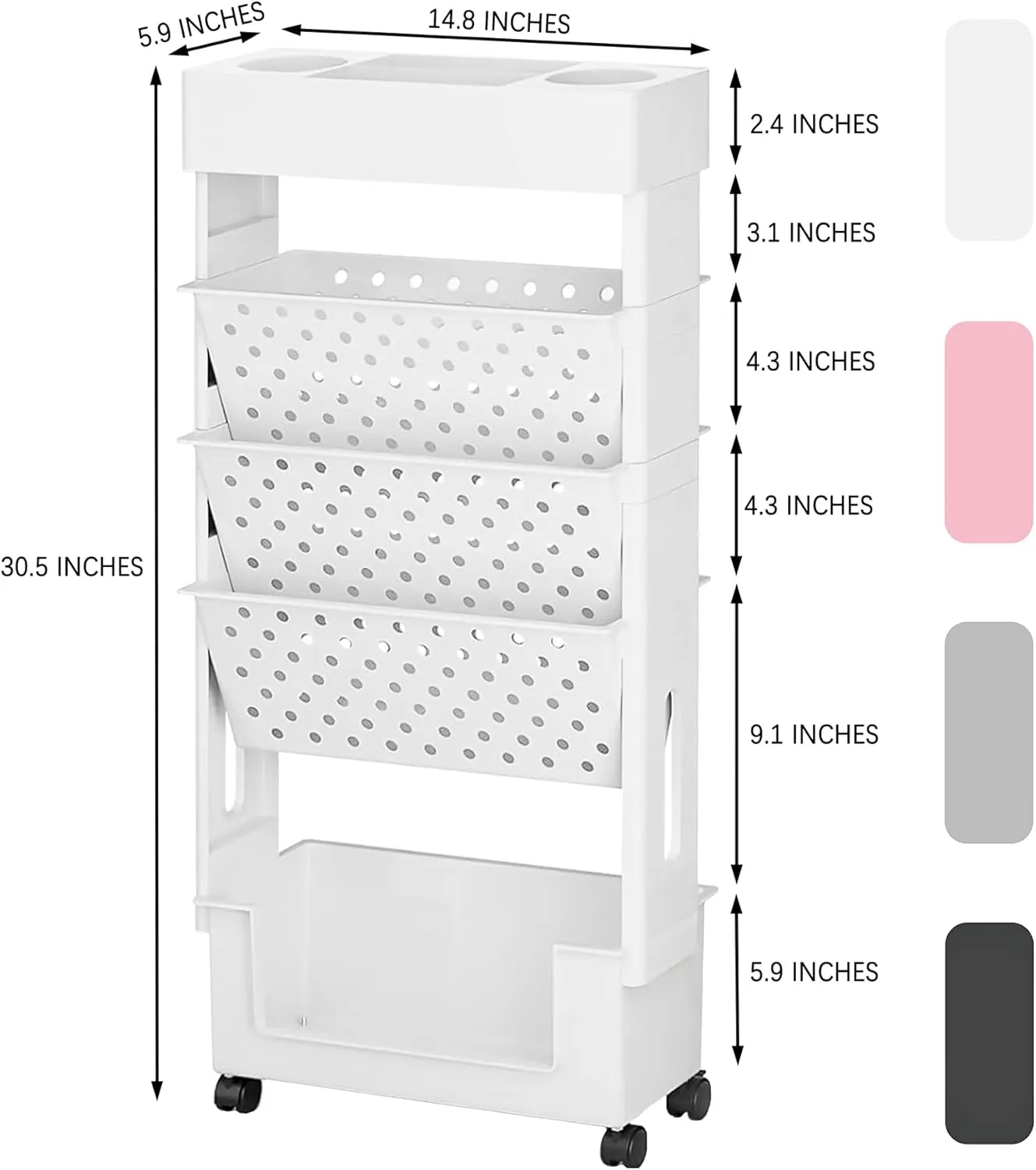 5 Tier Rolling Utility Cart Multi-Functional Movable Storage Book Shelves with Lockable Casters for Study Office Kitchen Classroom, White