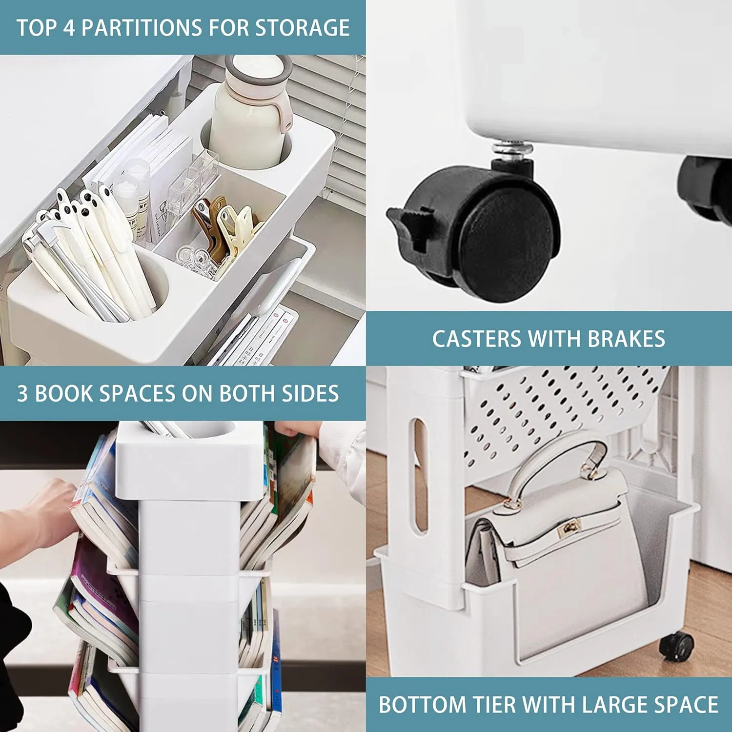 5 Tier Rolling Utility Cart Multi-Functional Movable Storage Book Shelves with Lockable Casters for Study Office Kitchen Classroom, White