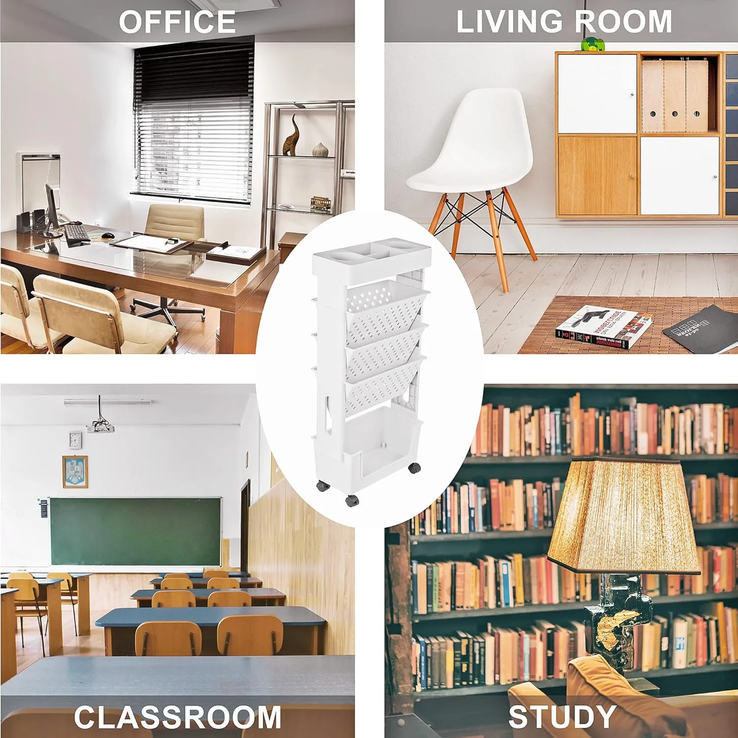 5 Tier Rolling Utility Cart Multi-Functional Movable Storage Book Shelves with Lockable Casters for Study Office Kitchen Classroom, White