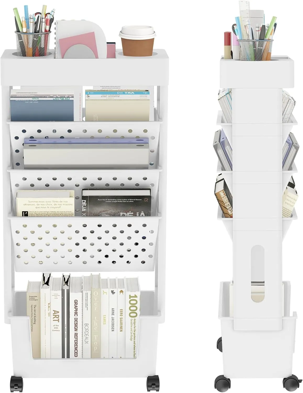 5 Tier Rolling Utility Cart Multi-Functional Movable Storage Book Shelves with Lockable Casters for Study Office Kitchen Classroom, White