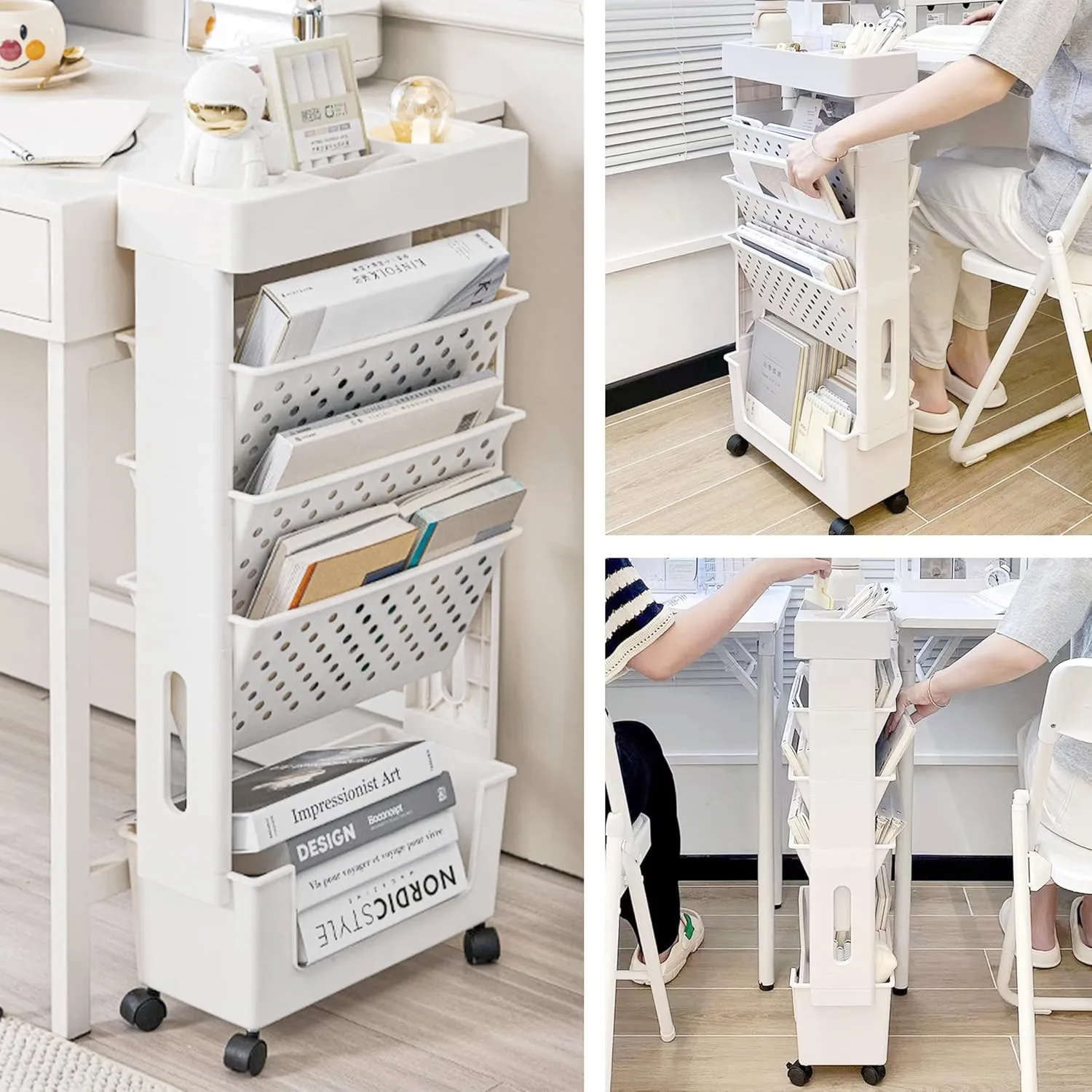 5 Tier Rolling Utility Cart Multi-Functional Movable Storage Book Shelves with Lockable Casters for Study Office Kitchen Classroom, White
