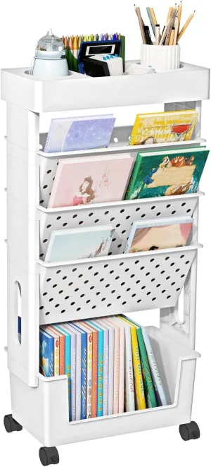 5 Tier Rolling Utility Cart Multi-Functional Movable Storage Book Shelves with Lockable Casters for Study Office Kitchen Classroom, White