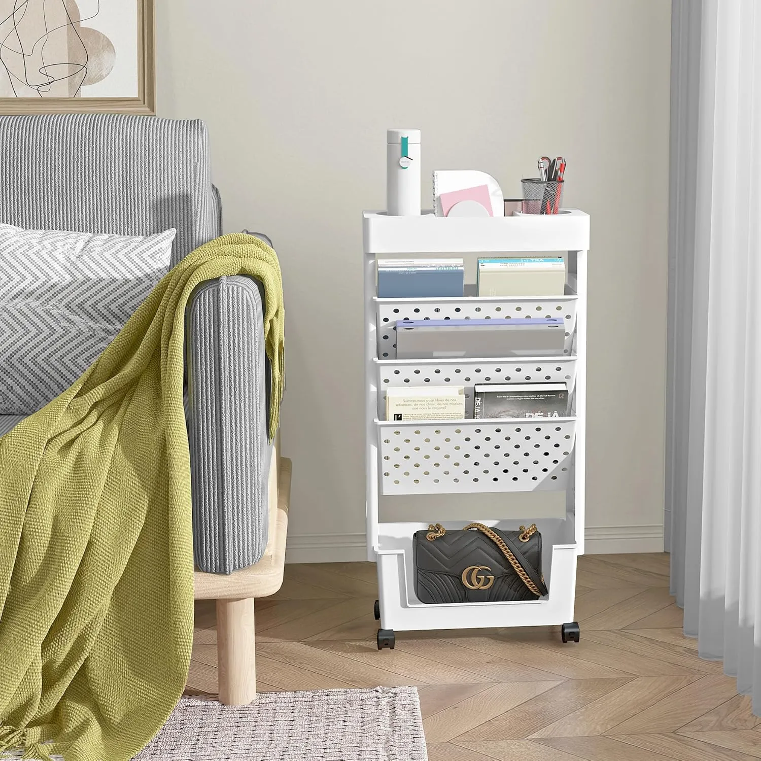 5 Tier Rolling Utility Cart Multi-Functional Movable Storage Book Shelves with Lockable Casters for Study Office Kitchen Classroom, White
