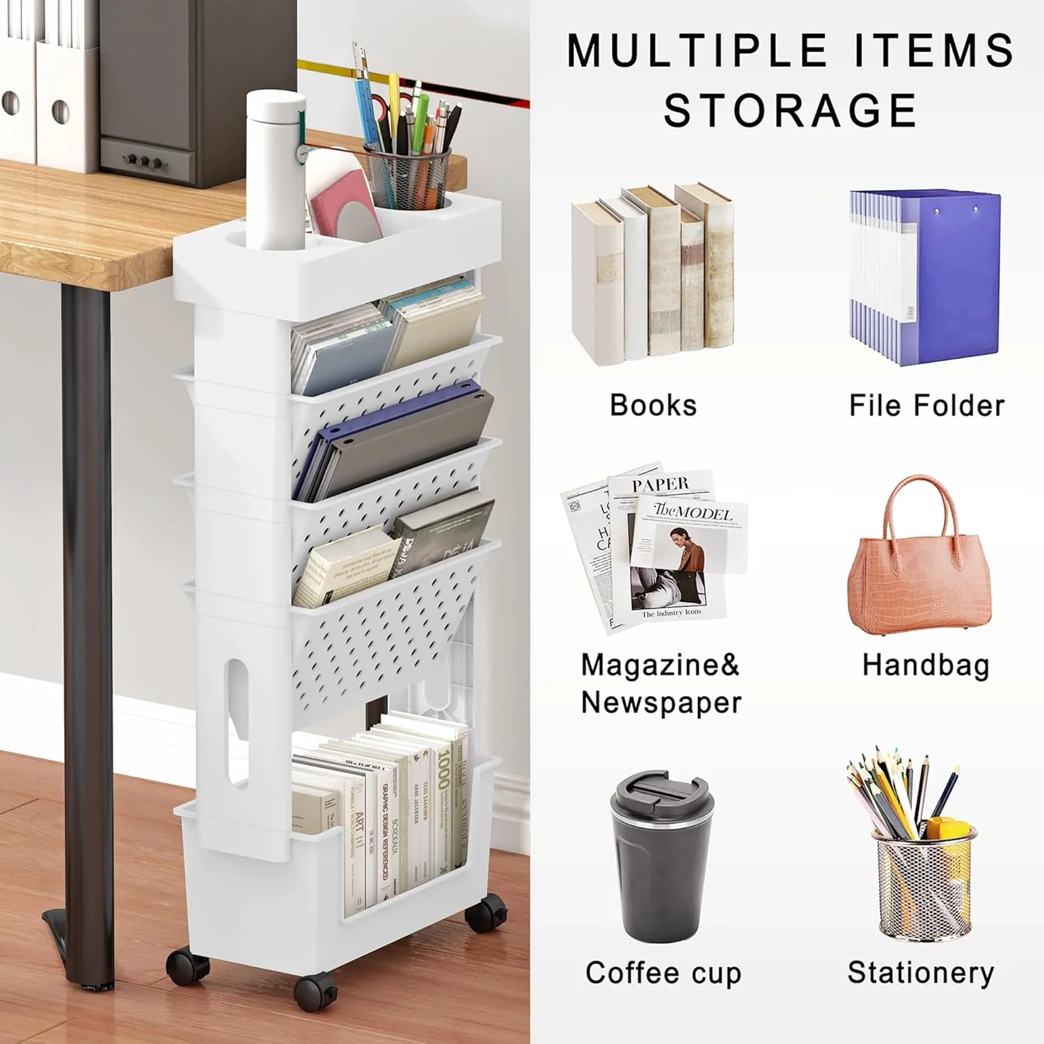 5 Tier Rolling Utility Cart Multi-Functional Movable Storage Book Shelves with Lockable Casters for Study Office Kitchen Classroom, White