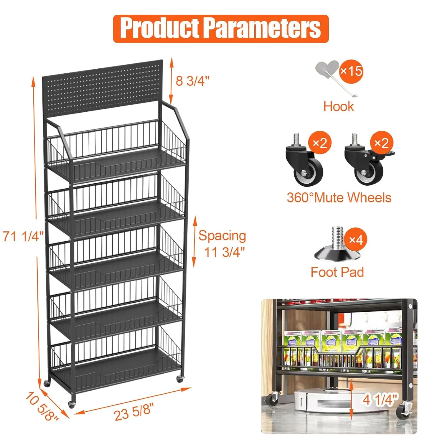 5 Tier Supermaket Snack Rack Heavy Duty, Rolling Retail Display Stand with 15 Hooks & Soild Panel Shelves, Multifunctional Metal Snack Shelf for Store Business
