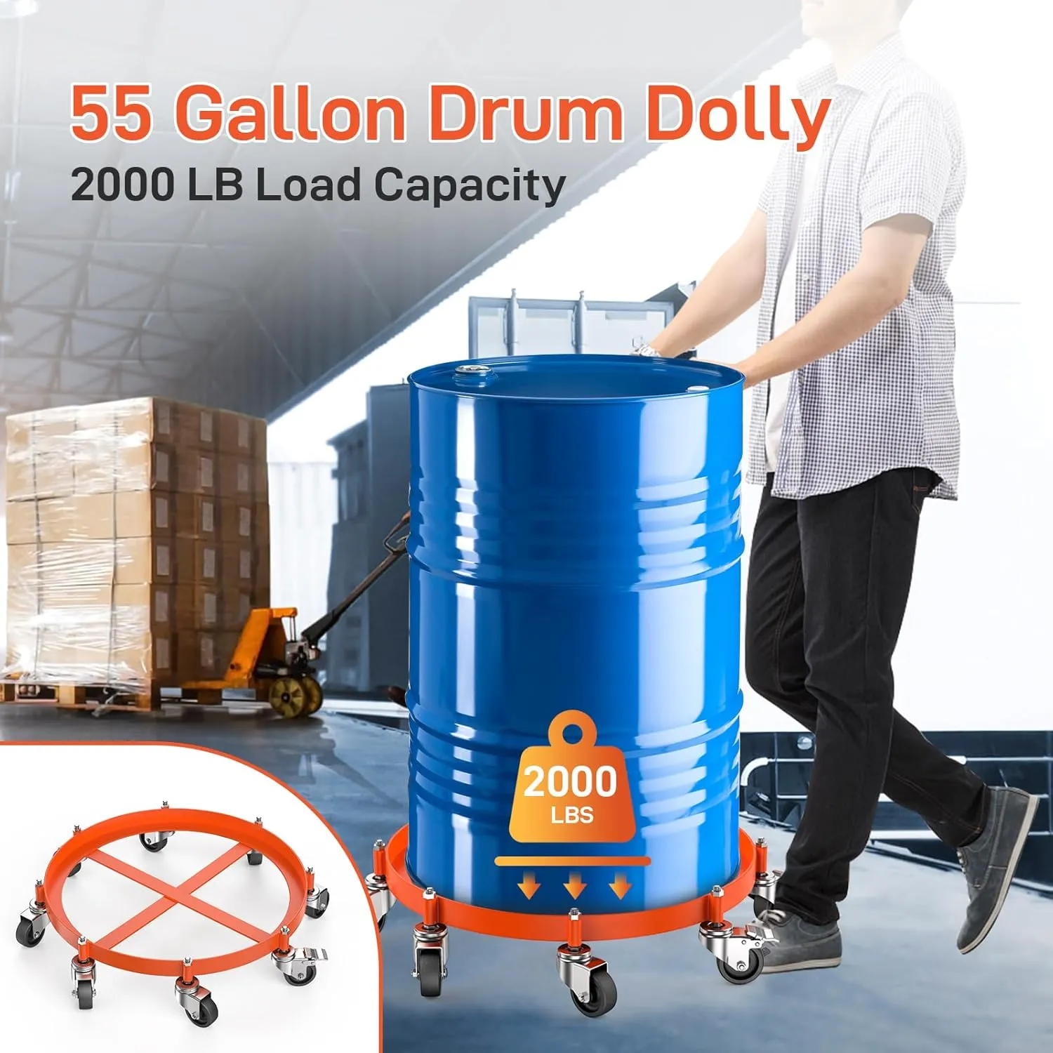 55 Gallon Heavy Duty Drum Dolly, 2,000 Pound Capacity Barrel Dolly with Steel Frame 8 Swivel Casters Wheel, Barrel Cart with Brake for Warehouse Drum Handling, 1 Pack