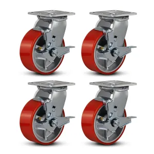 5"x2" Industrial Casters- Heavy Duty casters,Polyurethane Casters Wheel,Capacity up to 4000 Lb. Use for Platform Truck, U-Boat Cart,Workbenches(4 Brake)