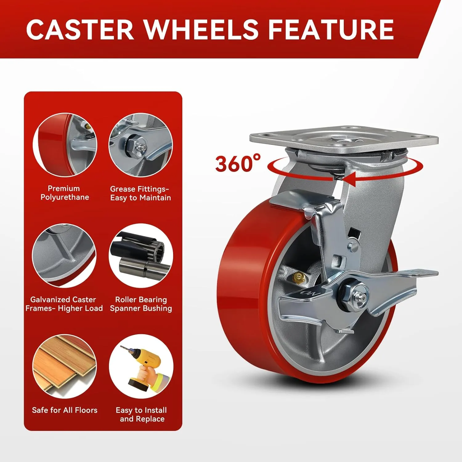 5"x2" Industrial Casters- Heavy Duty casters,Polyurethane Casters Wheel,Capacity up to 4000 Lb. Use for Platform Truck, U-Boat Cart,Workbenches(4 Brake)