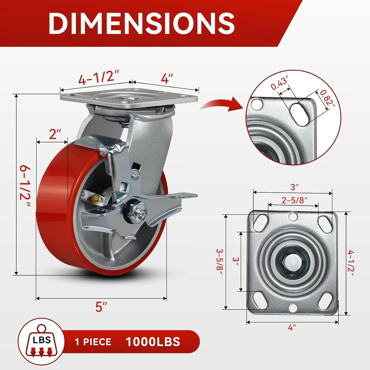 5"x2" Industrial Casters- Heavy Duty casters,Polyurethane Casters Wheel,Capacity up to 4000 Lb. Use for Platform Truck, U-Boat Cart,Workbenches(4 Brake)