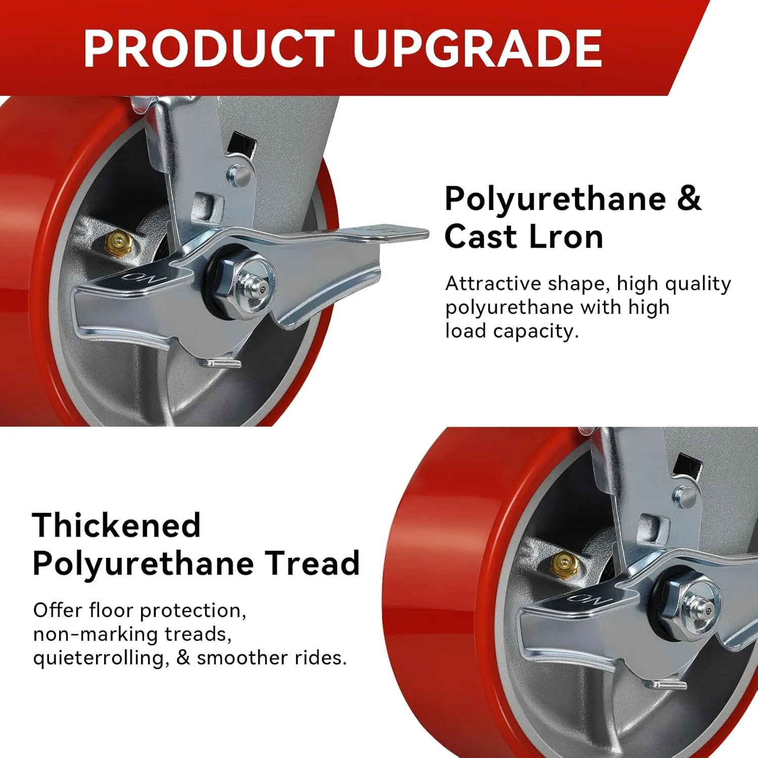 5"x2" Industrial Casters- Heavy Duty casters,Polyurethane Casters Wheel,Capacity up to 4000 Lb. Use for Platform Truck, U-Boat Cart,Workbenches(4 Brake)