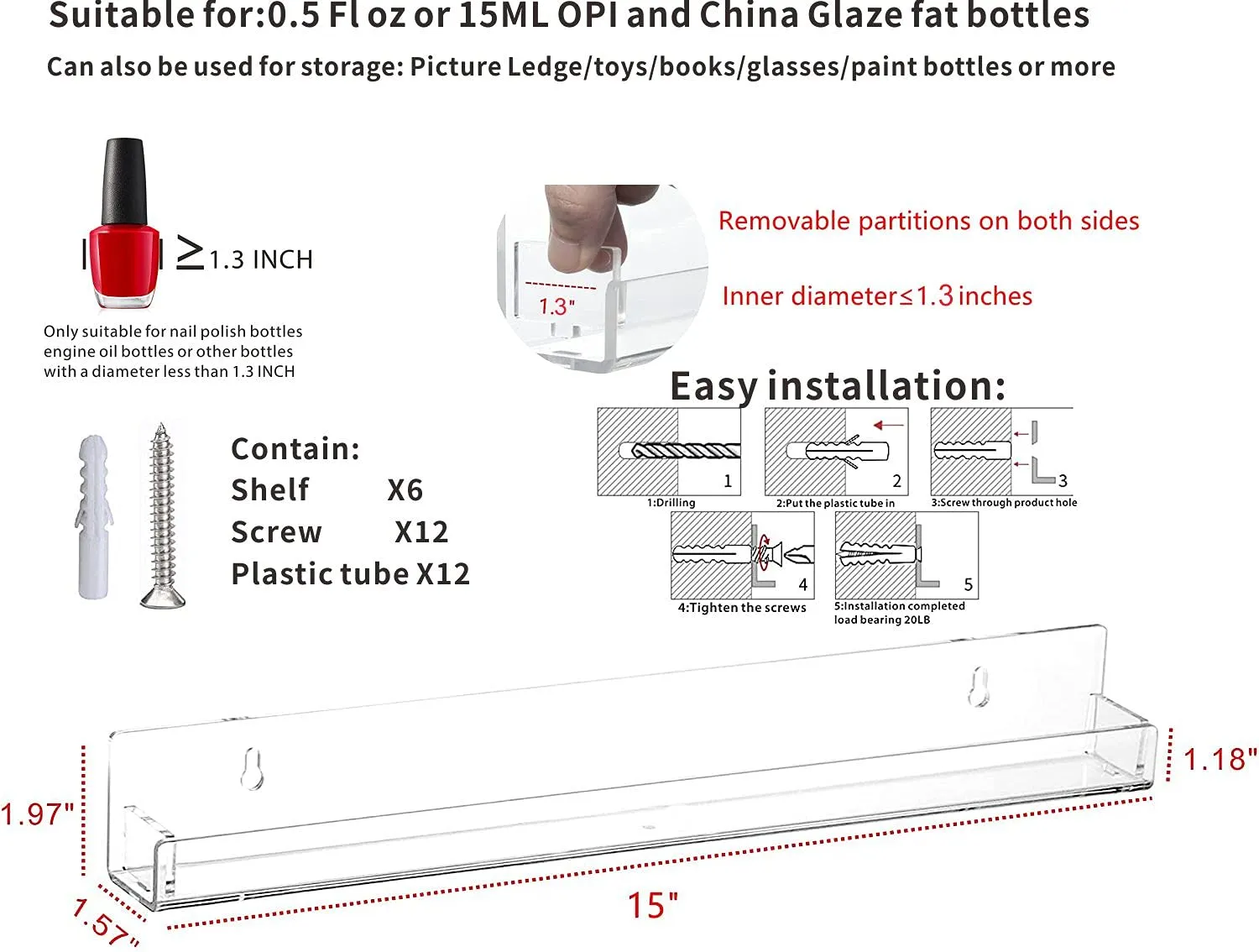 6 Pack Nail Polish Shelves for Wall,Hanging Clear Acrylic Nail Polish Rack Wall Mounted Shelf for Nail Salon Wall Essential Oil Shelf,Gel Fingernail Polish Holder and Tattoo Studio Decor Paint