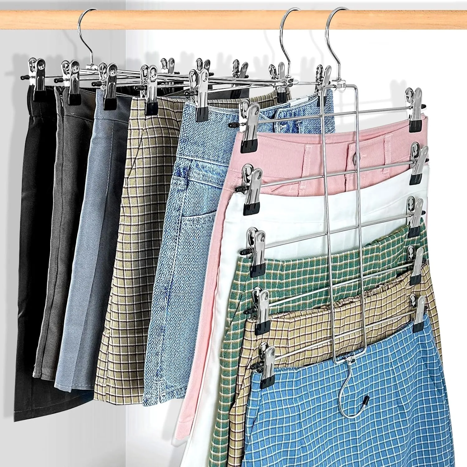 6 Piece Pants Hangers Space Saving,Skirt Hanges with Clips 5 Tier,Closet Organizers and Storage Magic Hangers,Clothes Hangers Space Saver,Closet Organization for Skirt,Trousers,Jeans,Legging