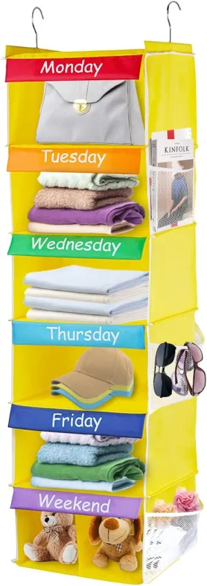 6-Shelf Weekly Closet Hanging Organizer for Kids, 7-Grid Days of The Week Baby Kids Clothing Organize Monday Through Sunday, Foldable Oxford Cloth Closet Clothes Organize Weekday (Yellow)