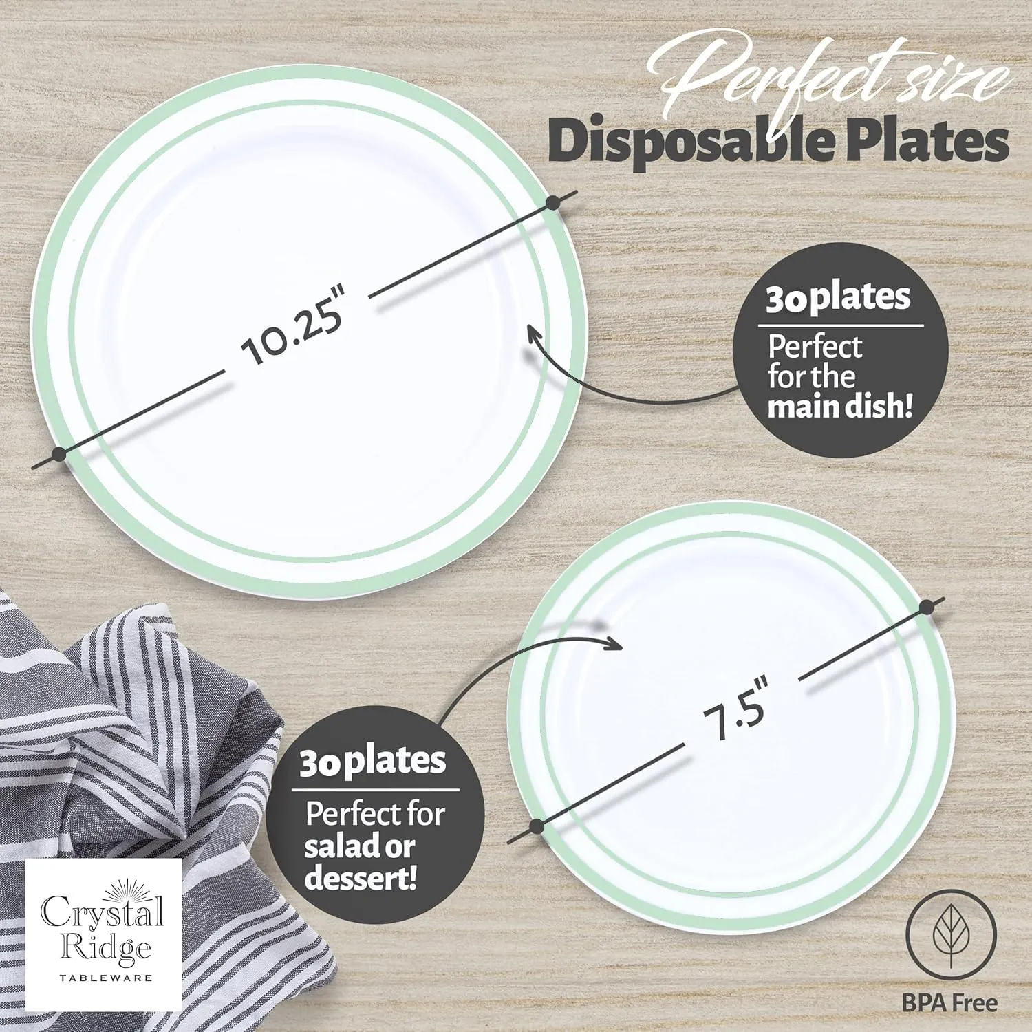 60 Pieces White Plastic Disposable Plates - Premium Heavy-Duty 30 Dinner Plates & 30 Salad Plates with Mint Green Rim Ideal for Party, Birthday and Special Events