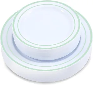 60 Pieces White Plastic Disposable Plates - Premium Heavy-Duty 30 Dinner Plates & 30 Salad Plates with Mint Green Rim Ideal for Party, Birthday and Special Events