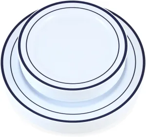 60 Pieces White Plastic Disposable Plates - Premium Heavy-Duty 30 Dinner Plates & 30 Salad Plates with Navy Rim Ideal for Party, Birthday and Special Events