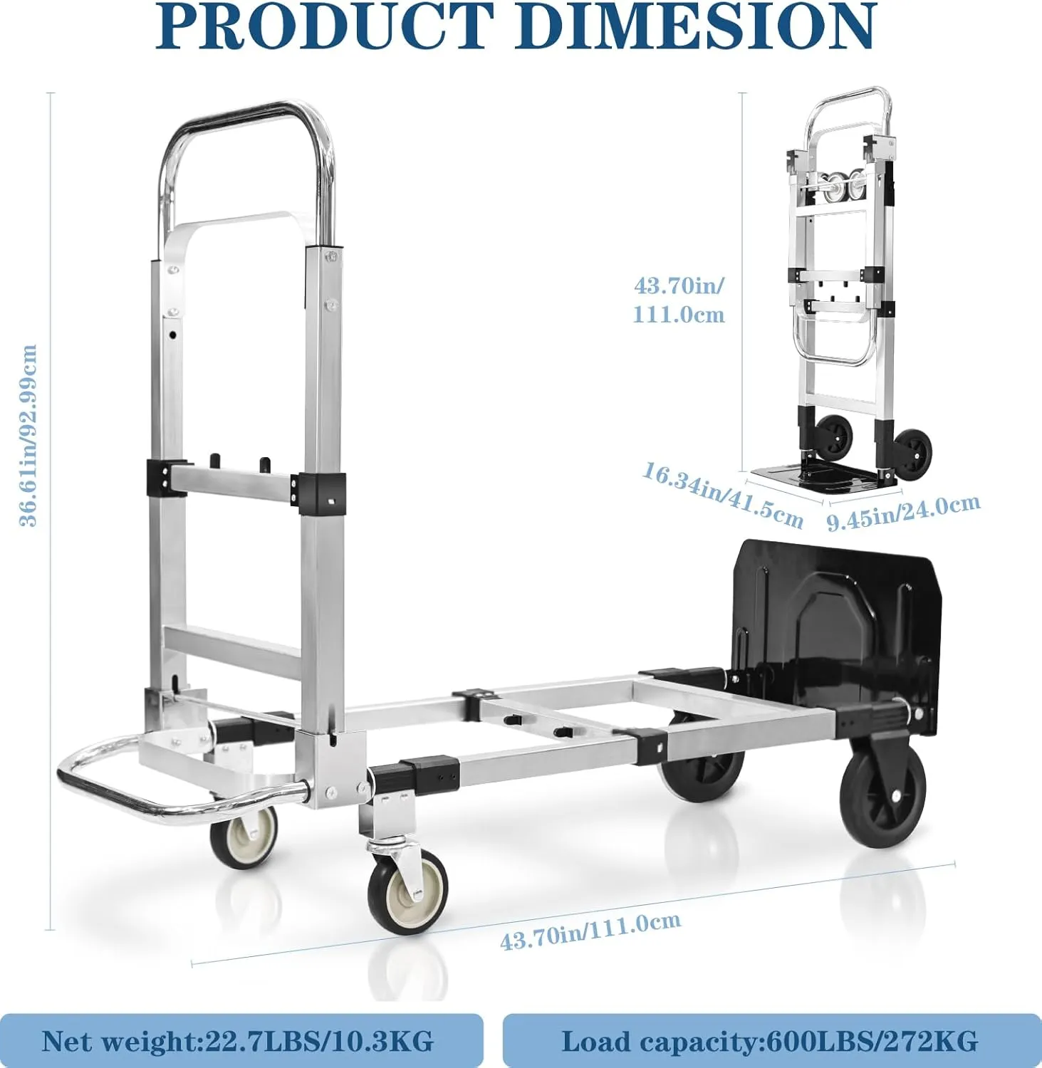 600-Pound Heavy-Duty 4-Wheel Folding Hand Truck/Cart with Adjustable Height & Length for Ultimate Versatility