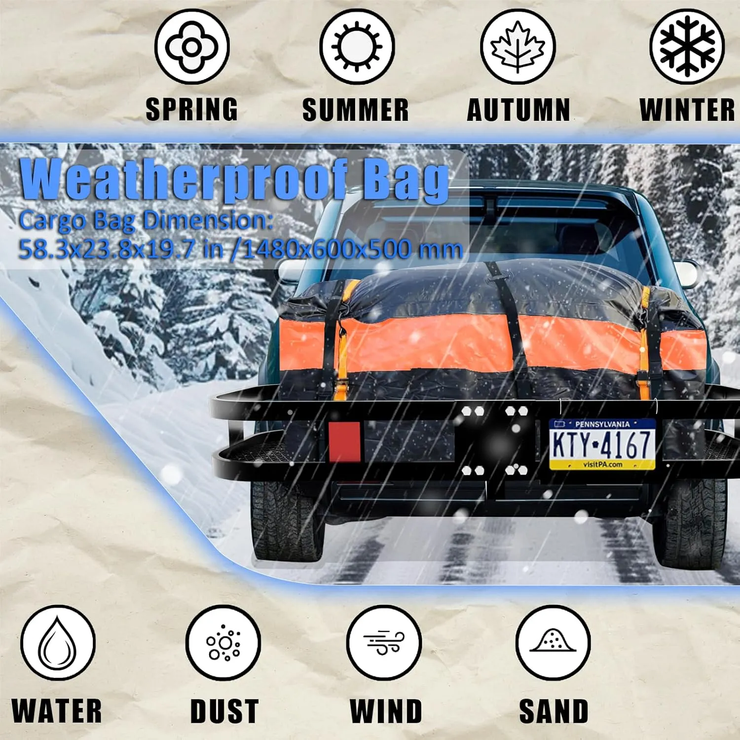 60" X 24" X 6" Trailer Hitch Cargo Carrier Rack 500 Lbs,Heavy Duty Folding Trailer Luggage Carrier Fits 2" Hitch Receiver with Waterproof Bag,Cargo Net, Stabilizer for Truck,SUV,RV