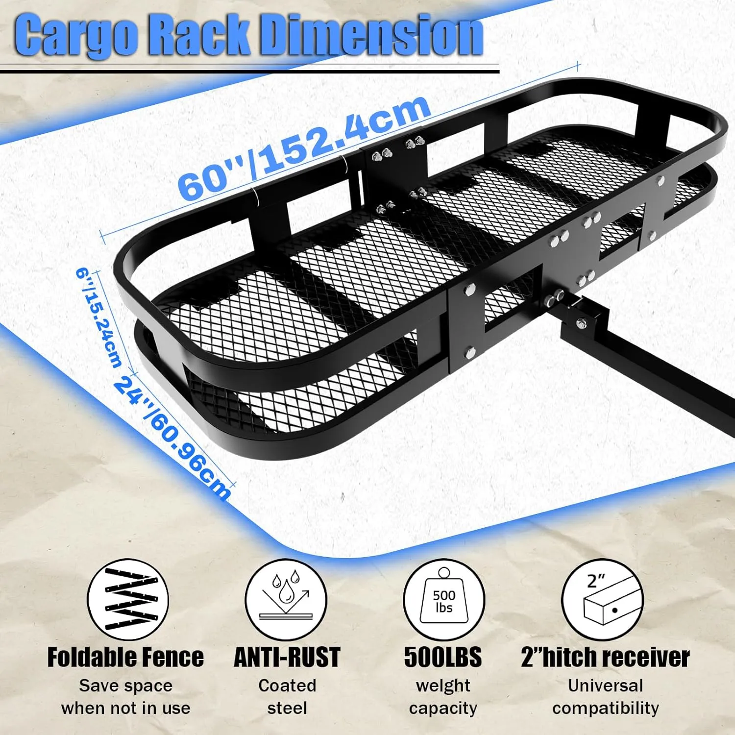 60" X 24" X 6" Trailer Hitch Cargo Carrier Rack 500 Lbs,Heavy Duty Folding Trailer Luggage Carrier Fits 2" Hitch Receiver with Waterproof Bag,Cargo Net, Stabilizer for Truck,SUV,RV