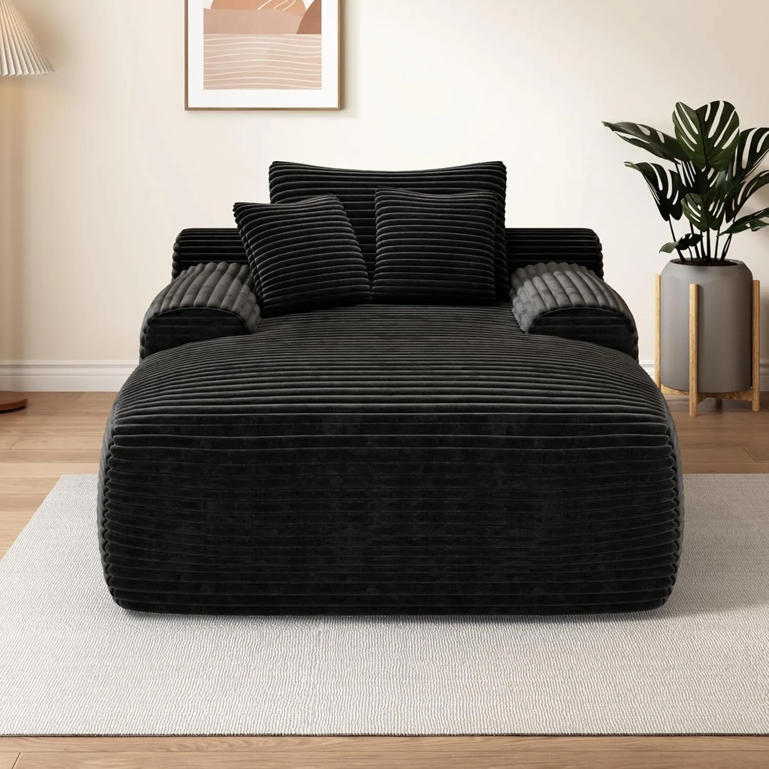 67'' Boneless Chaise Lounge Chair Indoor,Cloud Sofa Couch Bed,Sleeper Chair for Living Room Bedroom, Oversized Corduroy Couchs with 3 Pillows,No Assembly Deep Seat,Black.