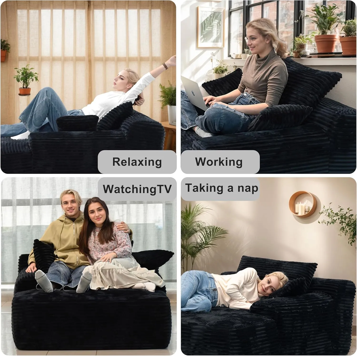67'' Boneless Chaise Lounge Chair Indoor,Cloud Sofa Couch Bed,Sleeper Chair for Living Room Bedroom, Oversized Corduroy Couchs with 3 Pillows,No Assembly Deep Seat,Black.