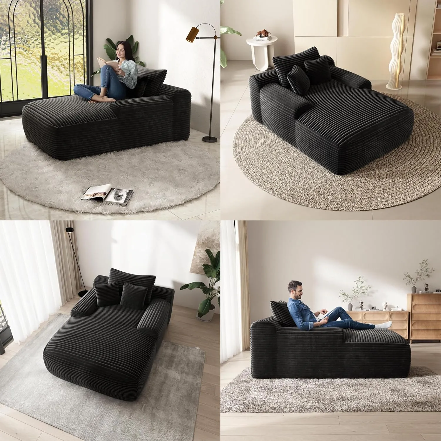 67'' Boneless Chaise Lounge Chair Indoor,Cloud Sofa Couch Bed,Sleeper Chair for Living Room Bedroom, Oversized Corduroy Couchs with 3 Pillows,No Assembly Deep Seat,Black.
