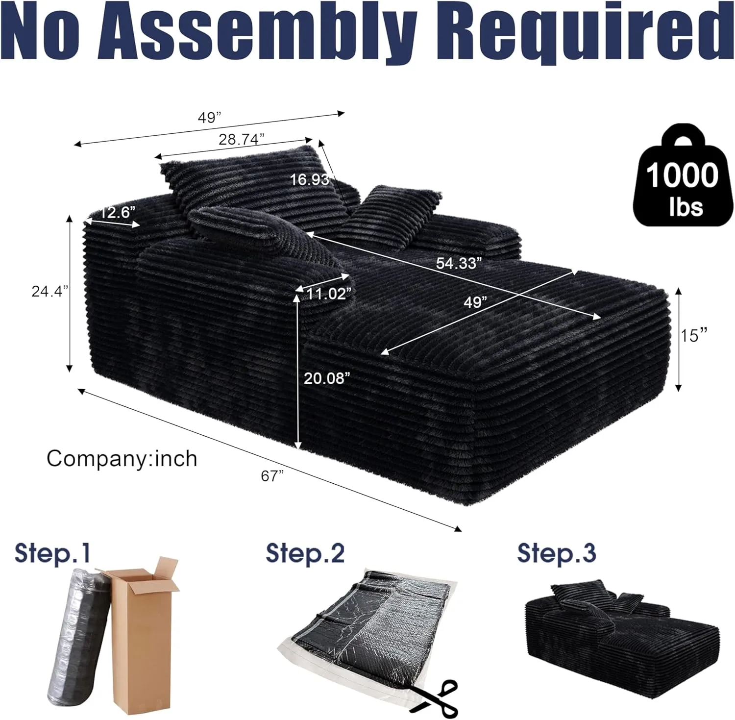 67'' Boneless Chaise Lounge Chair Indoor,Cloud Sofa Couch Bed,Sleeper Chair for Living Room Bedroom, Oversized Corduroy Couchs with 3 Pillows,No Assembly Deep Seat,Black.
