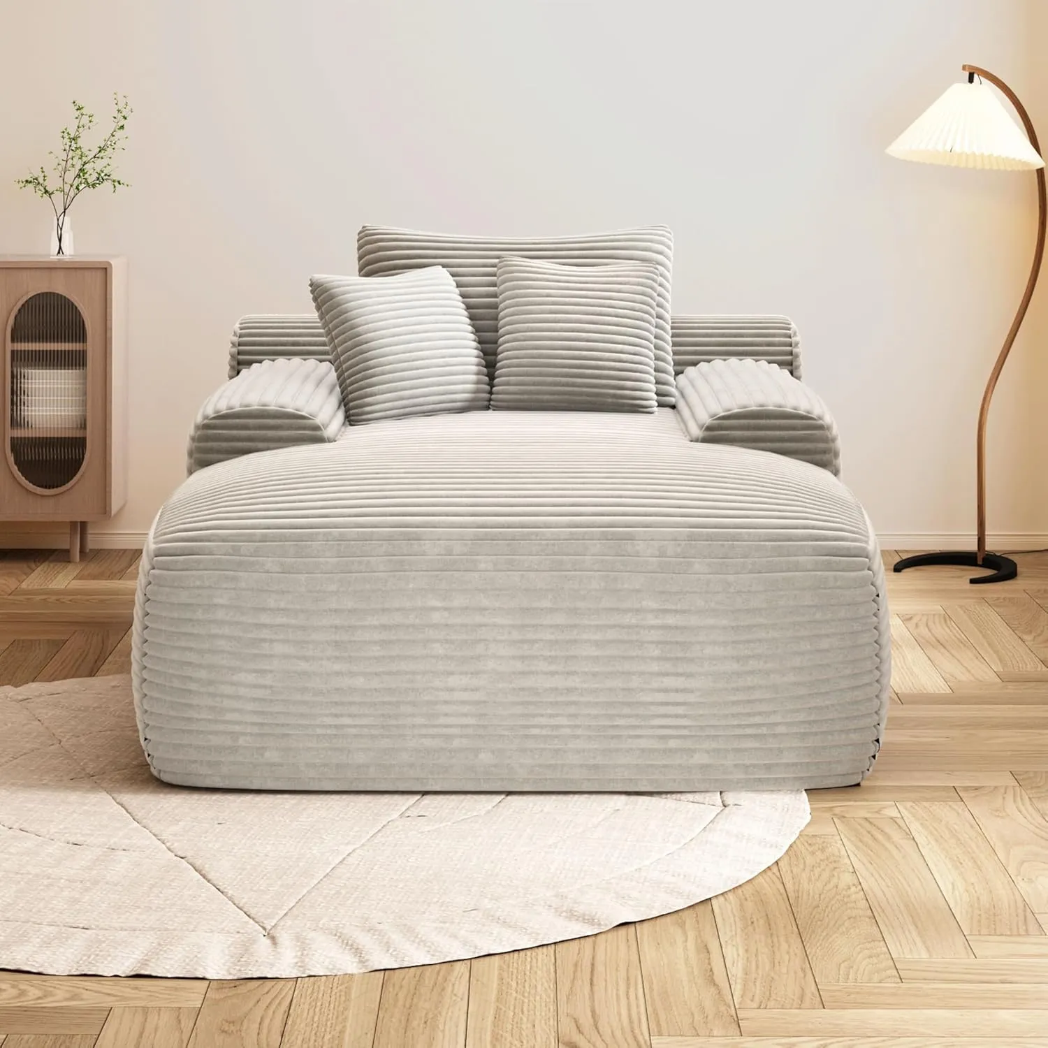 67'' Boneless Chaise Lounge Chair Indoor,Cloud Sofa Couch Bed,Sleeper Chair for Living Room Bedroom, Oversized Corduroy Couchs with 3 Pillows,No Assembly Deep Seat,White.