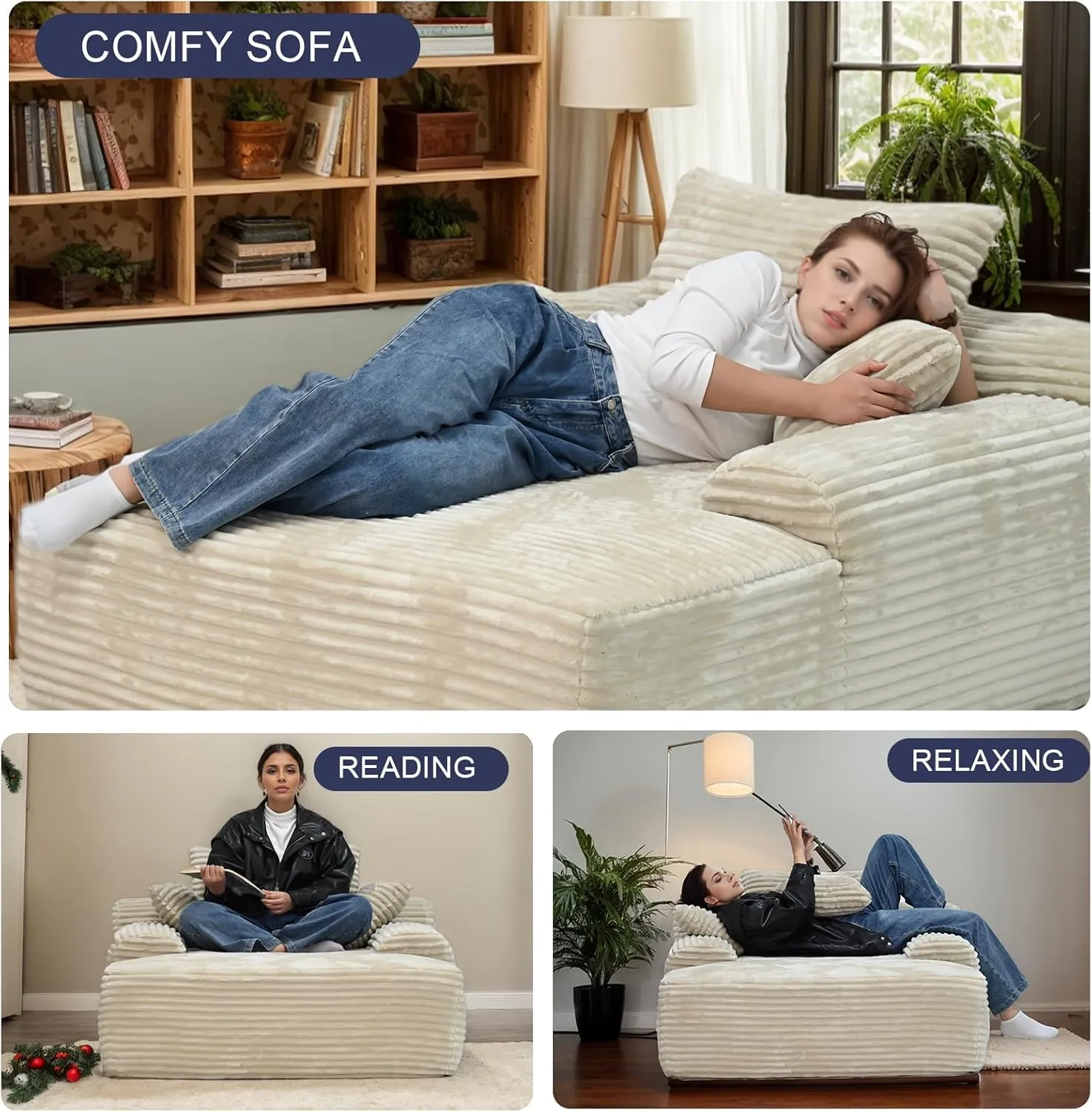 67'' Boneless Chaise Lounge Chair Indoor,Cloud Sofa Couch Bed,Sleeper Chair for Living Room Bedroom, Oversized Corduroy Couchs with 3 Pillows,No Assembly Deep Seat,White.