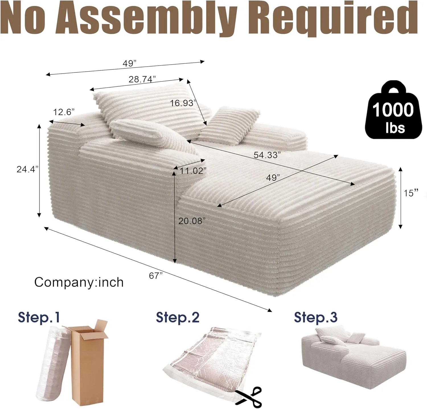 67'' Boneless Chaise Lounge Chair Indoor,Cloud Sofa Couch Bed,Sleeper Chair for Living Room Bedroom, Oversized Corduroy Couchs with 3 Pillows,No Assembly Deep Seat,White.