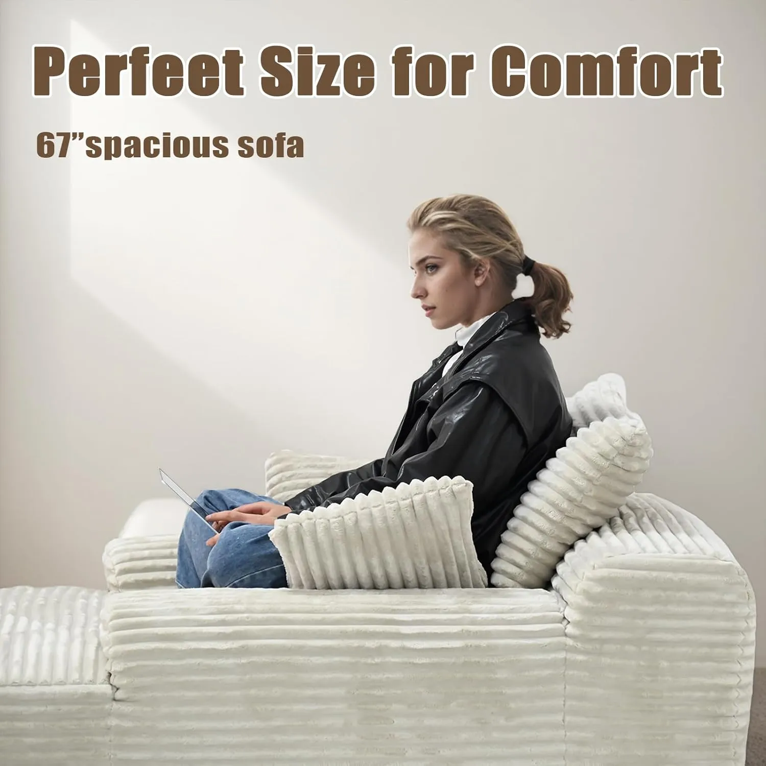 67'' Boneless Chaise Lounge Chair Indoor,Cloud Sofa Couch Bed,Sleeper Chair for Living Room Bedroom, Oversized Corduroy Couchs with 3 Pillows,No Assembly Deep Seat,White.