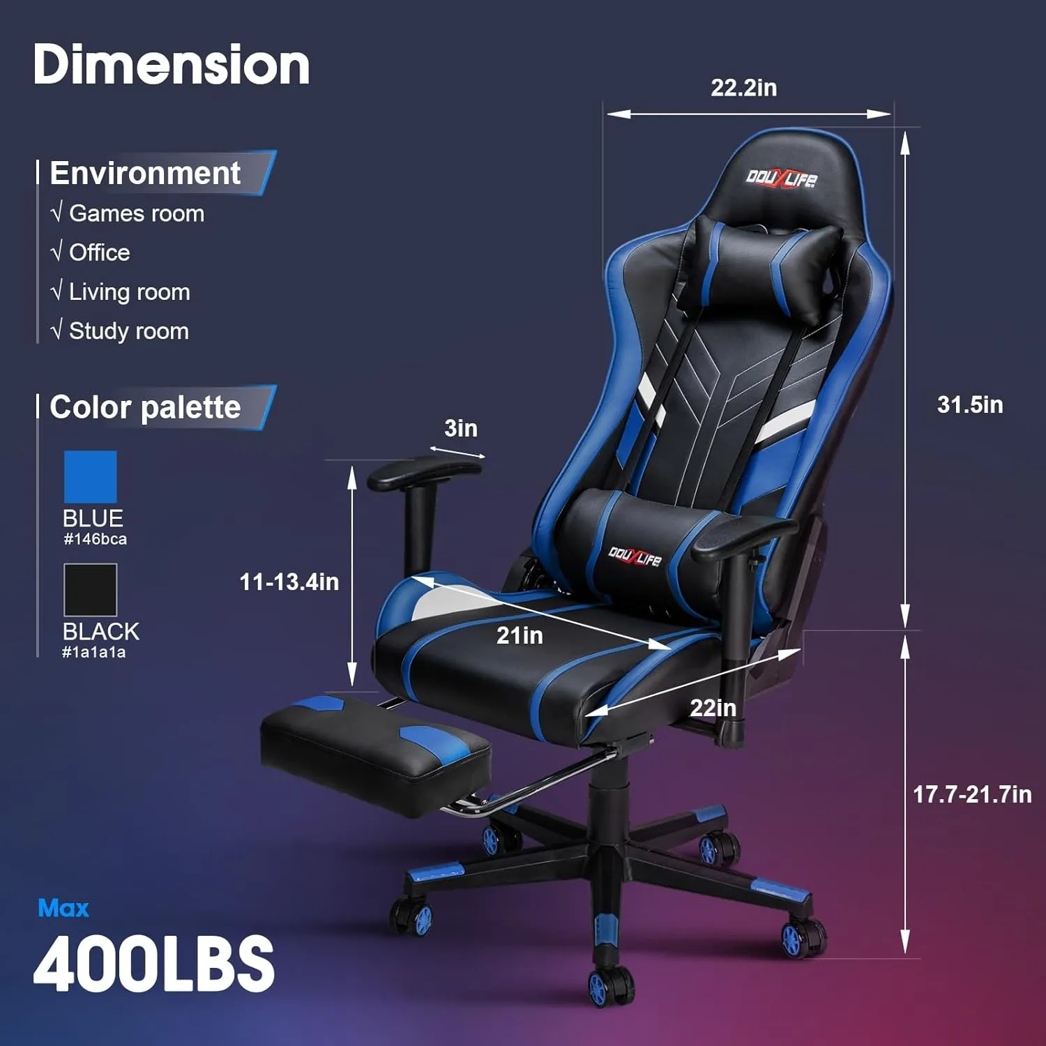 7-Point Massage Gaming Chair, 175° Gaming Recliner with Footrest Ergonomic Computer Office Chair High Back Video Game Chair with Lumbar Support, Upgraded Version Navy Blue