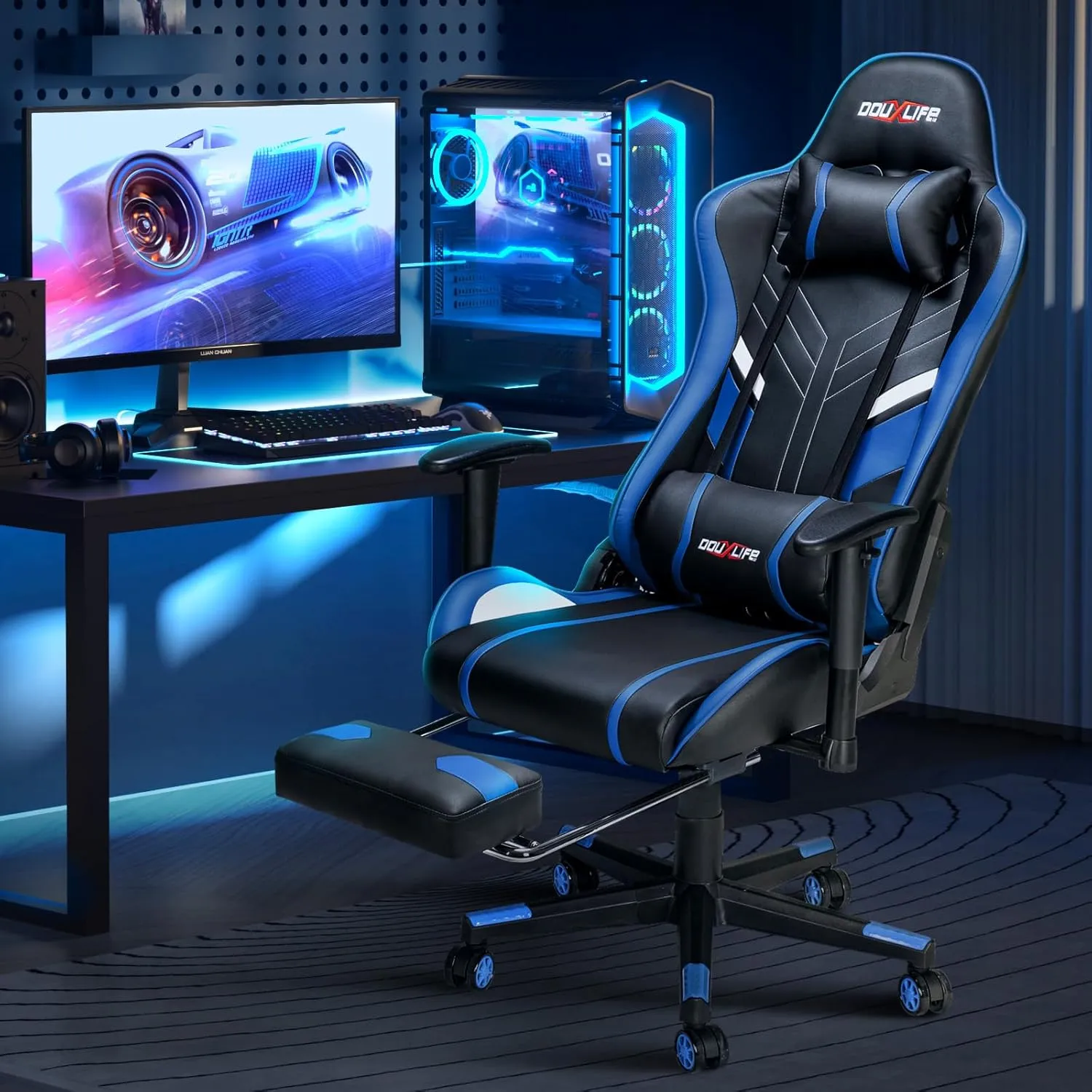 7-Point Massage Gaming Chair, 175° Gaming Recliner with Footrest Ergonomic Computer Office Chair High Back Video Game Chair with Lumbar Support, Upgraded Version Navy Blue
