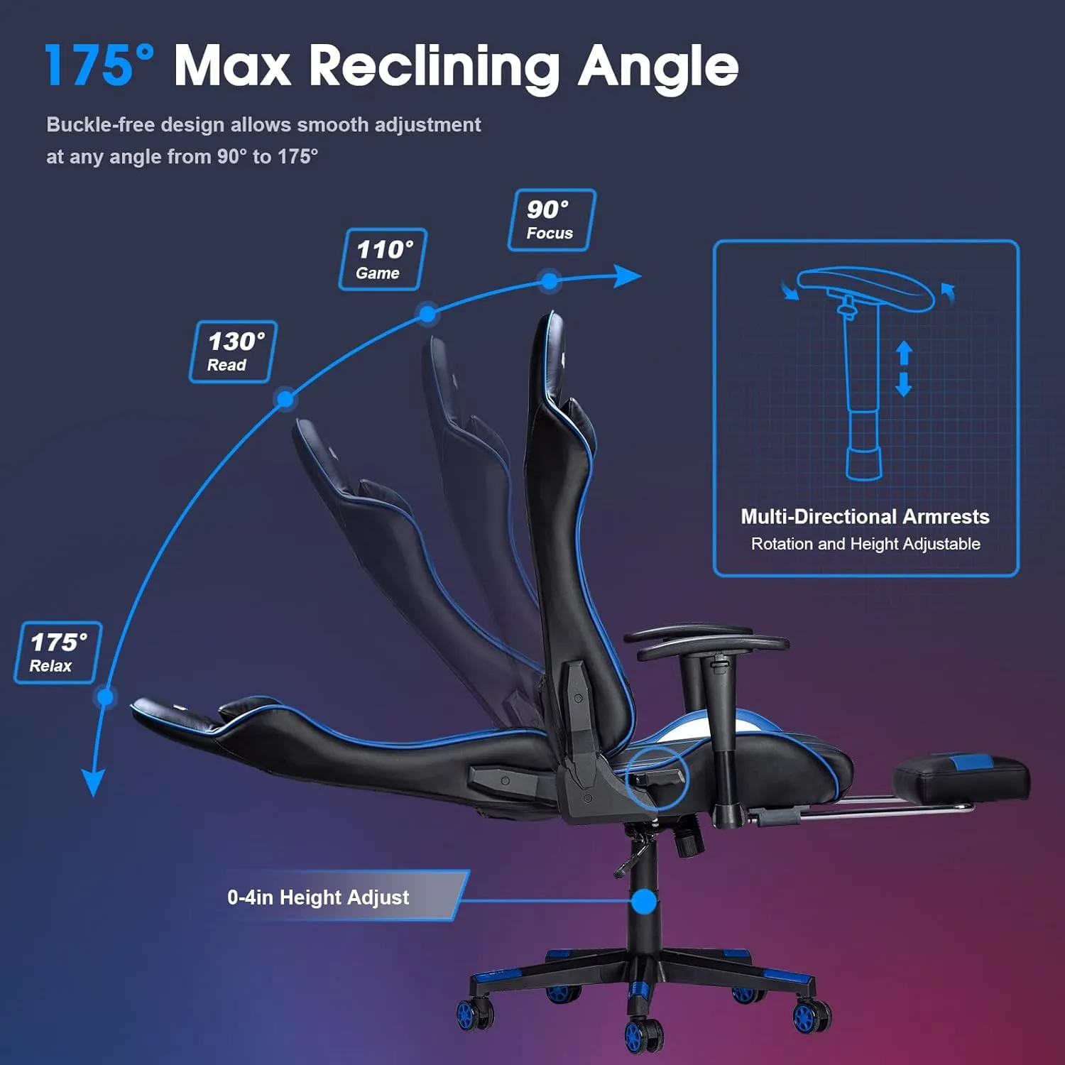 7-Point Massage Gaming Chair, 175° Gaming Recliner with Footrest Ergonomic Computer Office Chair High Back Video Game Chair with Lumbar Support, Upgraded Version Navy Blue